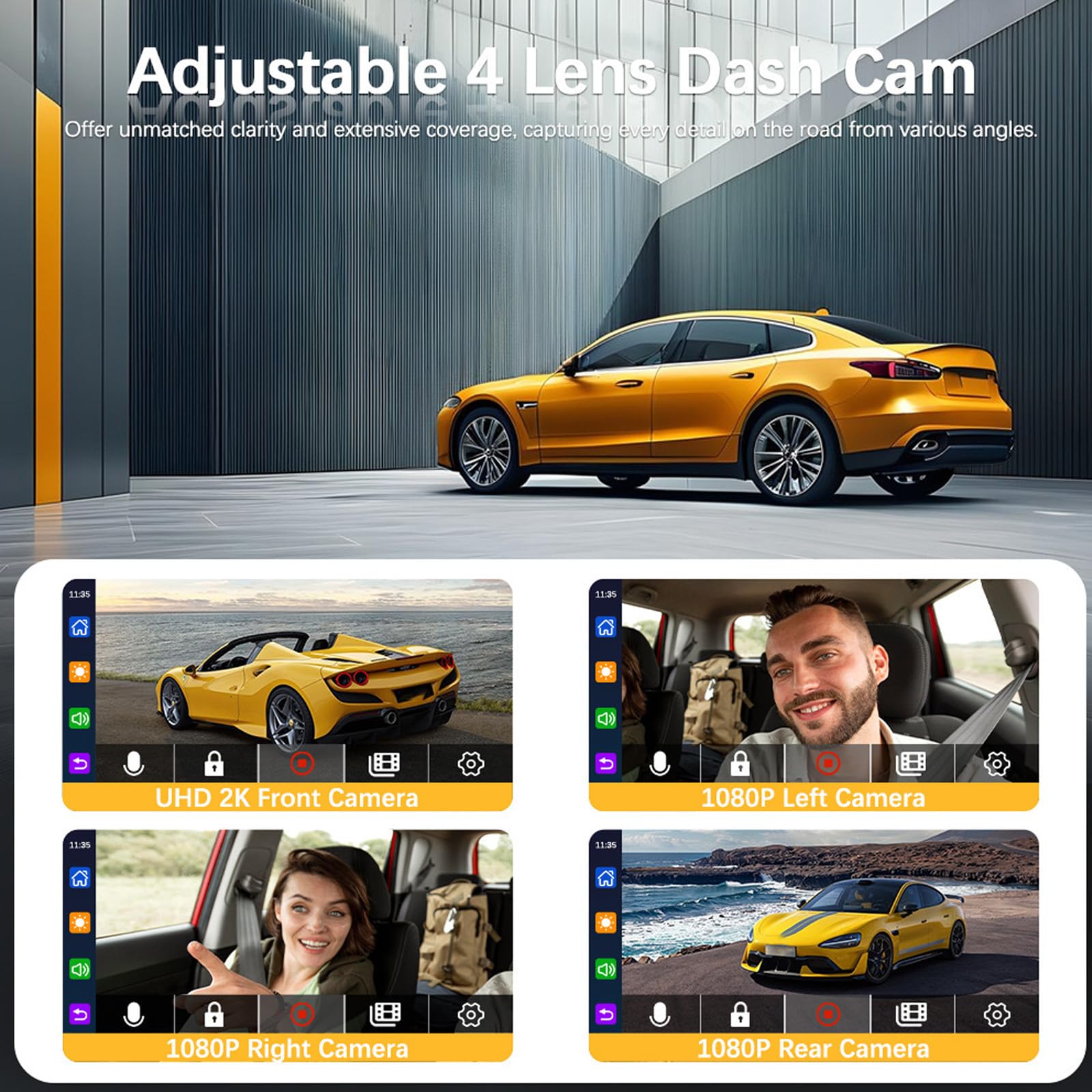 Caméra Embarquée 4 Canaux avec Wi-FI Et Vision Nocturne, Dashcam Voiture sans Fil, Vision À 360°, Ultra Grand Angle 170°,Enregistrement en Boucle Caméra Embarquée, 24h Mode Parking (A,4 Canaux)