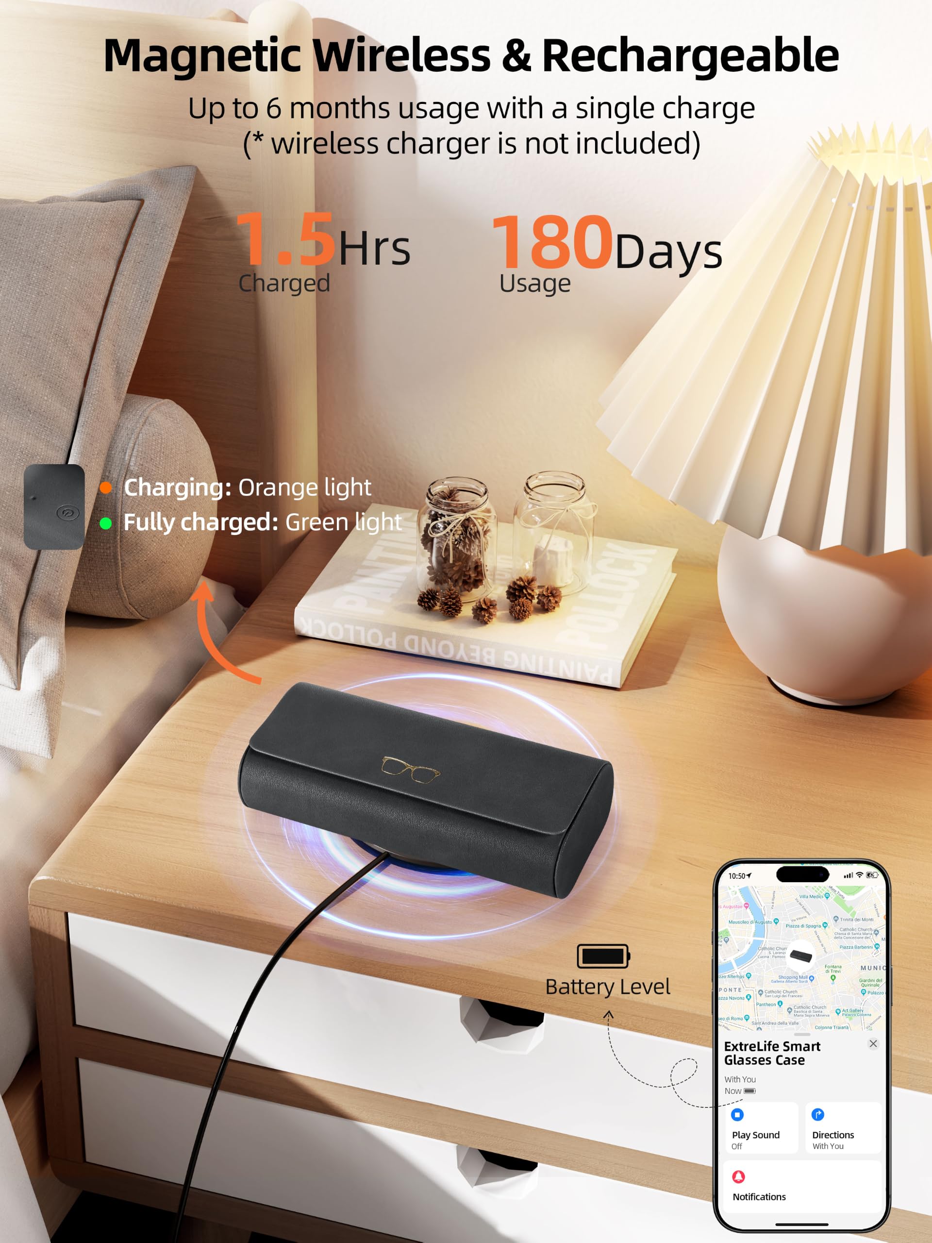 ExtreLife Smart Brillenetui, Funktioniert mit Apple Find My, Hartschalen-Sonnenbrillenetui für Damen Herren, Brillenetui mit GPS-Tracker, PU-Leder, Anti-Verlust, Wiederaufladbar, Schwarz