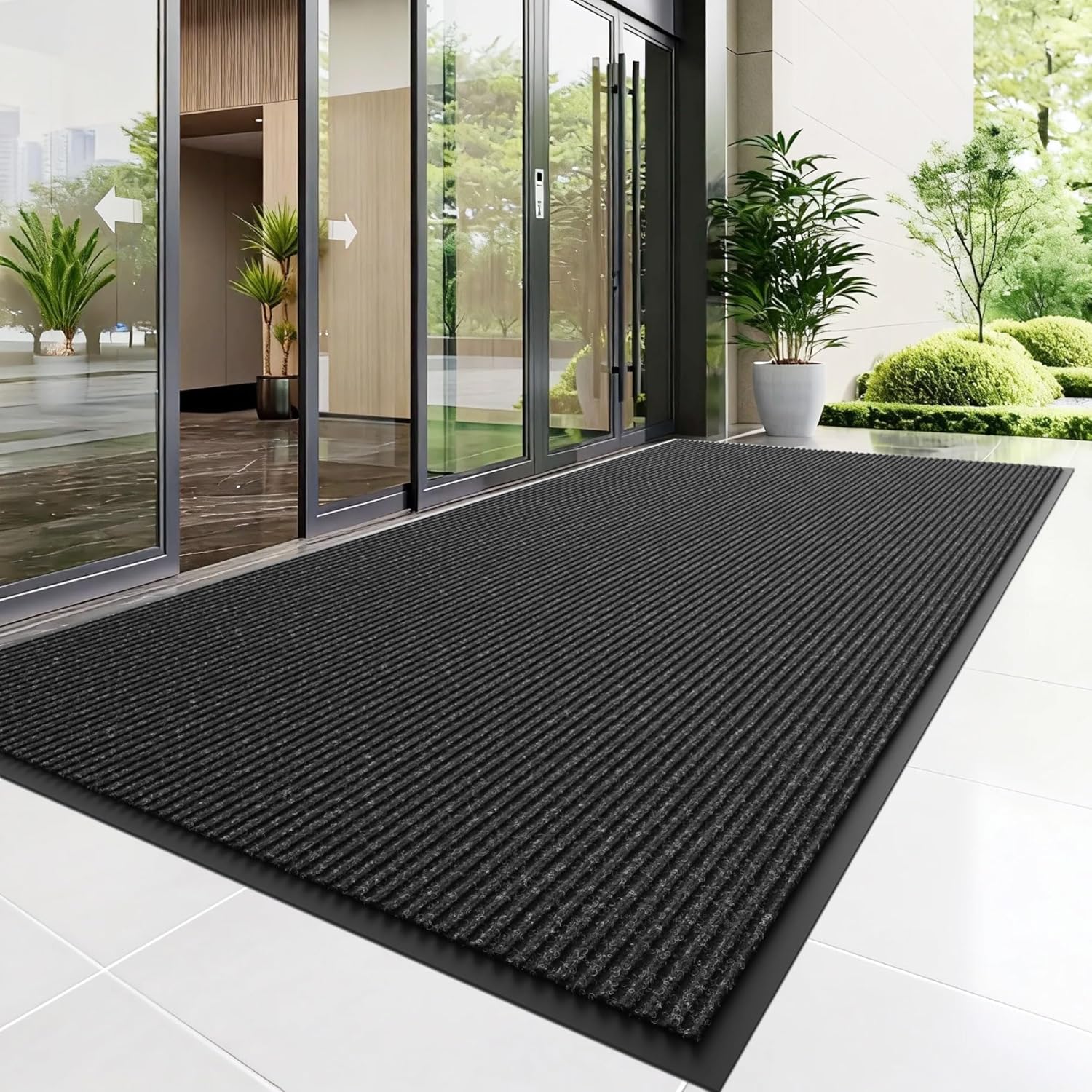 Front Door Mat, 4' x 3' Heavy Duty Indoor Outdoor Door Mat Entrance, Commercial Welcome Mats, Stain and Fade Resistant, Durable Rubber Backing, Low Profile Entry Mat for Patio, Black Stripe 3' x 4' (Rectangular) Black-stripe