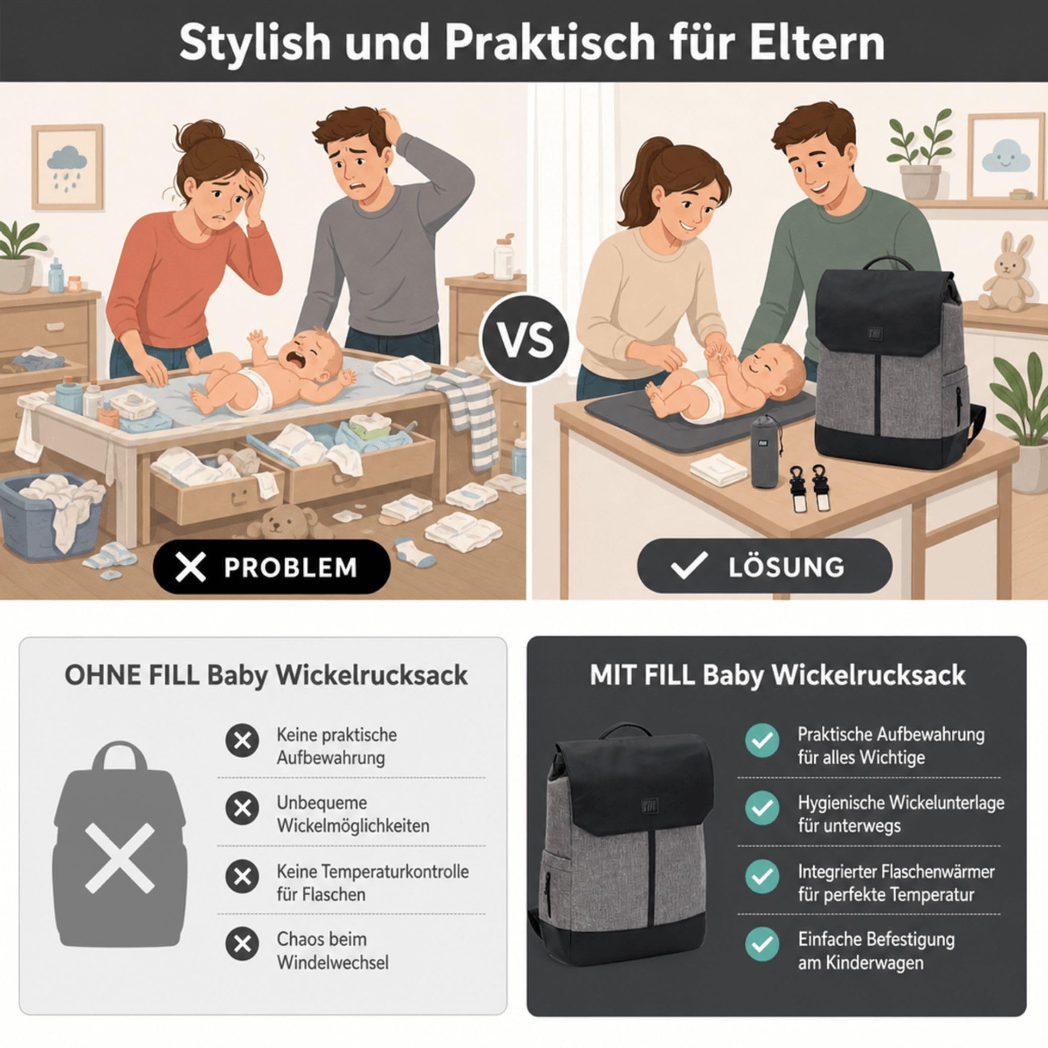 FILL Baby Wickelrucksack Exklusiv | Grosse Wickeltasche Mama Rucksack mit Flaschenwärmer und Wickelunterlage | Babyreisetasche Reisetasche für Unterwegs | Multifunktionale Babytasche