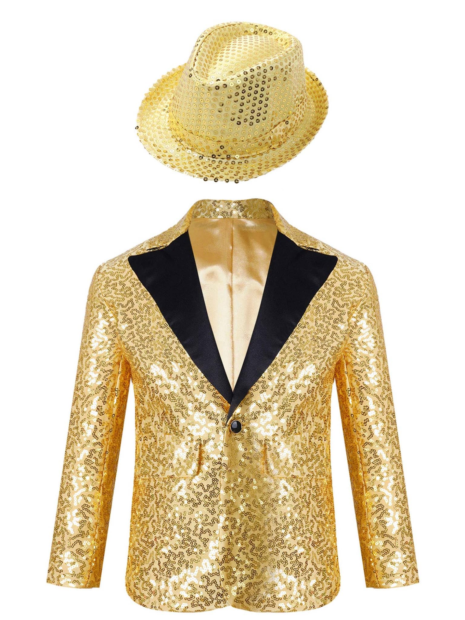 Runhomal - Chaqueta de lentejuelas para niño, manga larga y sombrero de baile moderno, Jazz Hip Hop Lentejuelas, traje de boda, cóctel ceremonia espectáculo