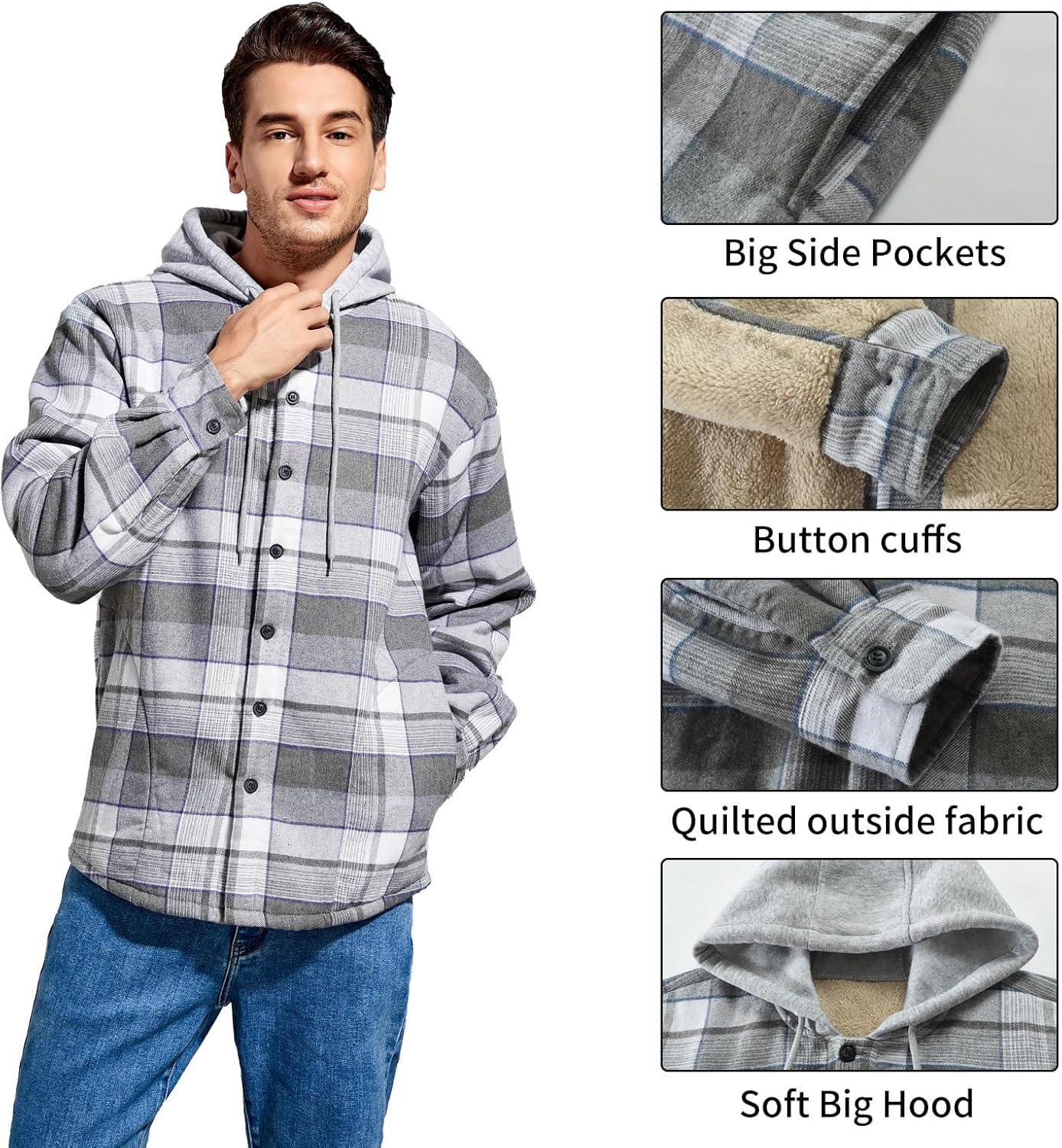 Derbars Men’s Cotton Plaid Shirts Jacket Fleece Lined Flannel Shirts Sherpa Button Down Jackets with Hood for Men