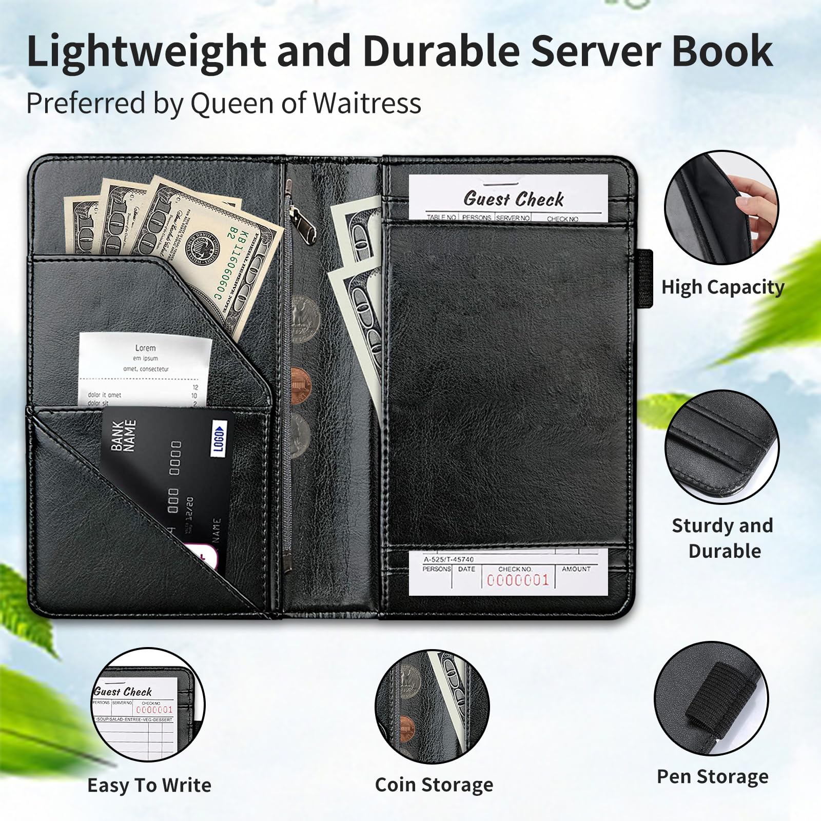 Sacoche Serveur Portefeuille Serveur Wazopic En Cuir De Buffle Véritable - 5 Compartiments, Organisation Billets