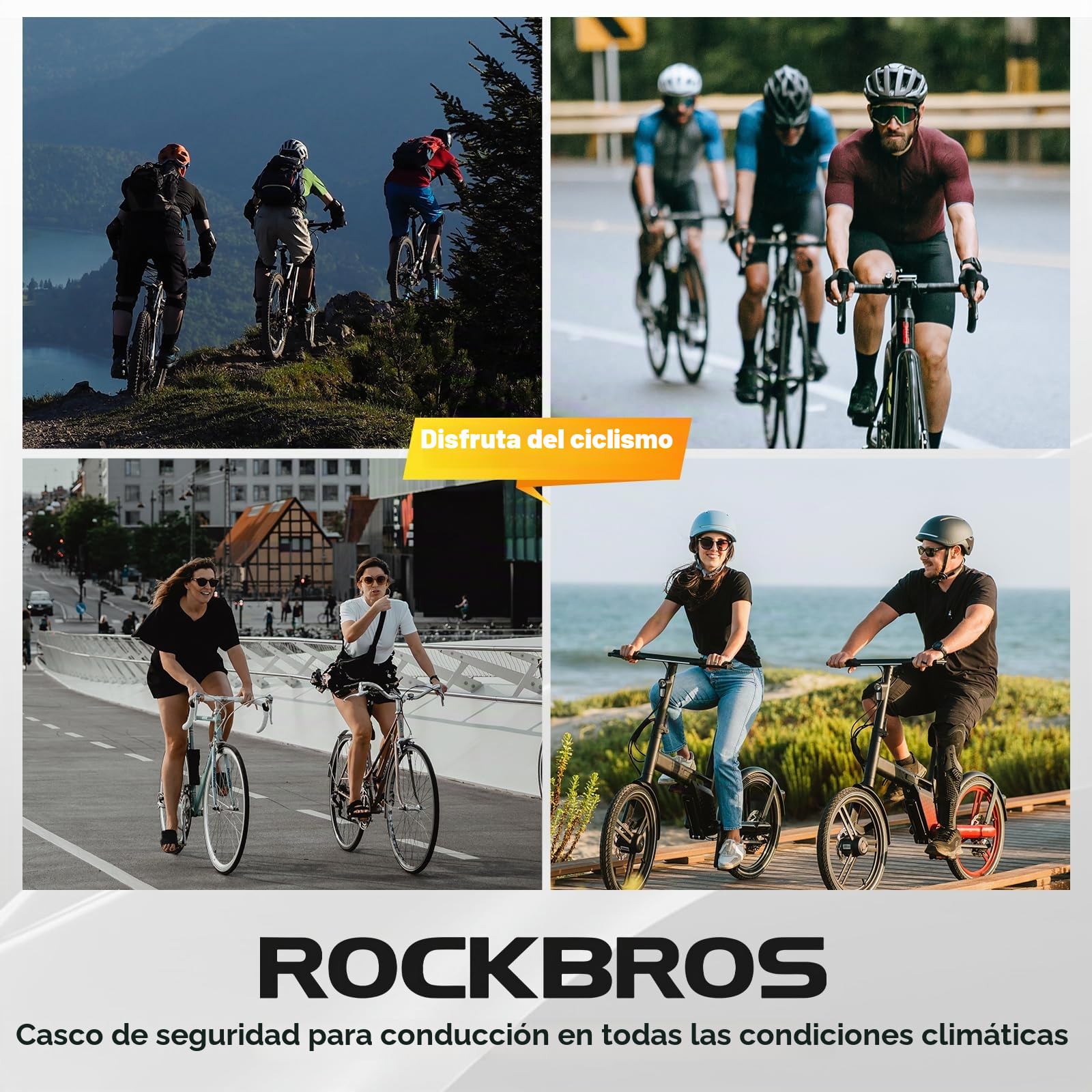 ROCKBROS Casco de Bicicleta con Luz LED para Hombre Mujer, 55-60 cm | 3 Modos de Luz, Transpirable, Ajustable y con Forro Desmontable para Ciclismo de Carretera y MTB