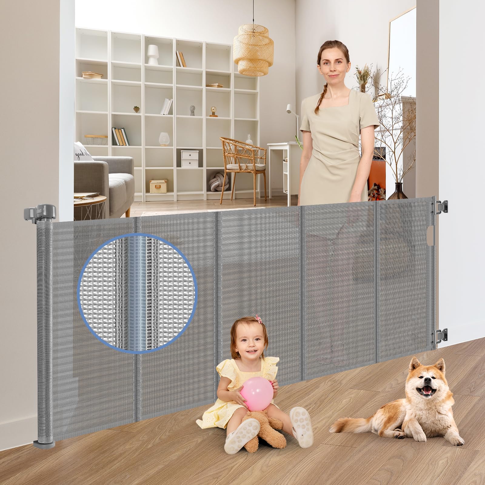 Reinforced 60 Inch Retractable Baby Gates for Stairs Reinforced Strap Retractable Dog Gate for Stairs Retractable Gates for Indoors Outdoors Dog Gate Reinforced Bar Mesh Baby Gate for Stairs, Gray