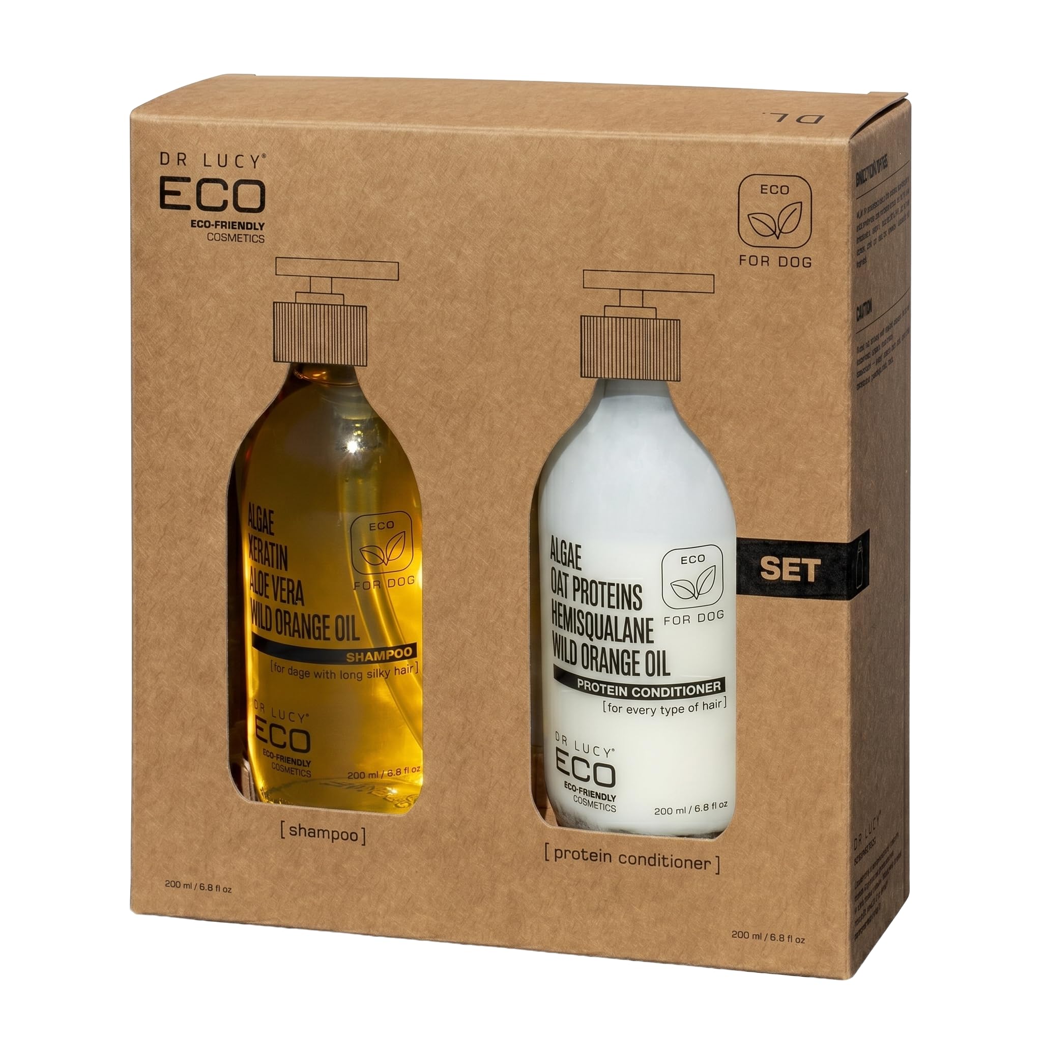DR Lucy ECO Set für Hunde mit langem fließendem Fell, Shampoo & Protein-Spülung, mit Vitaminen B5 C E, nährend, feuchtigkeitsspendend, glättend, regenerierend, 2 x 200 ml