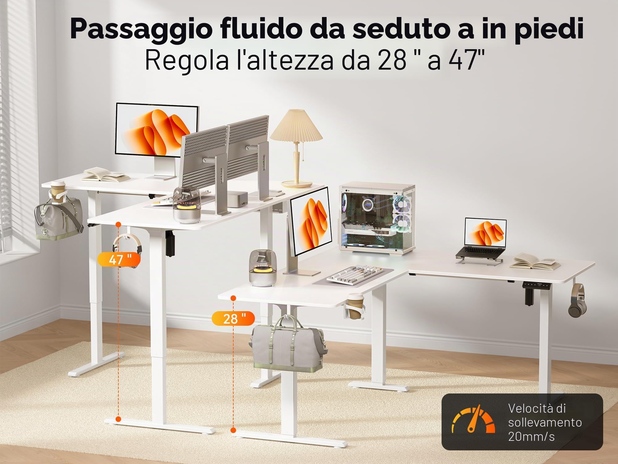 WALKINGDESK Scrivania Regolabile in Altezza, 160 x 140 cm Tavolo Regolabile a L, Bureau per computer con memory di 4 Altezze, Desk da Ufficio e Casa, Bianco