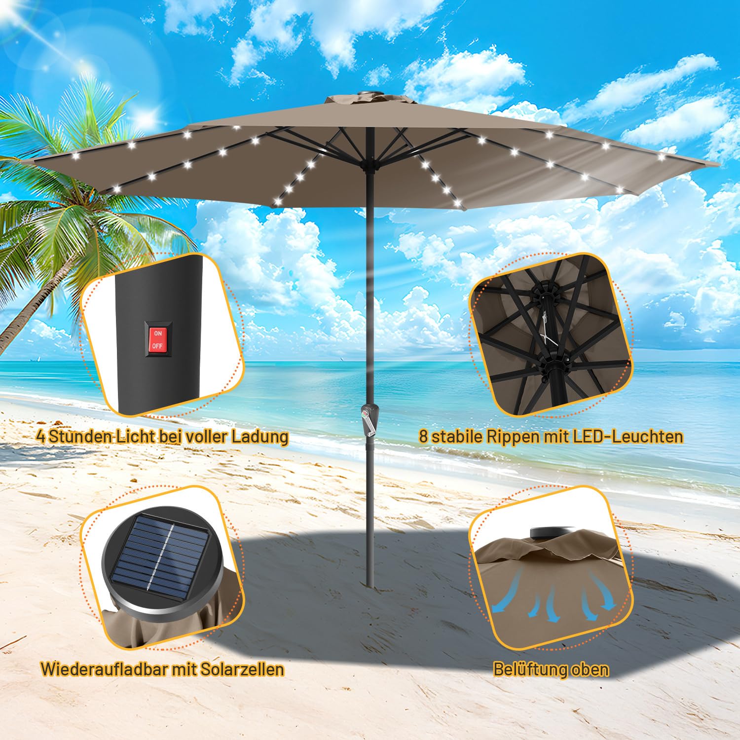 Sombrilla 350/270 cm, UV50+, sombrilla con manivela, tejido de poliéster de 160 g/m², sin base, gran sombrilla para piscinas, balcones y jardines, con LED/sin LED