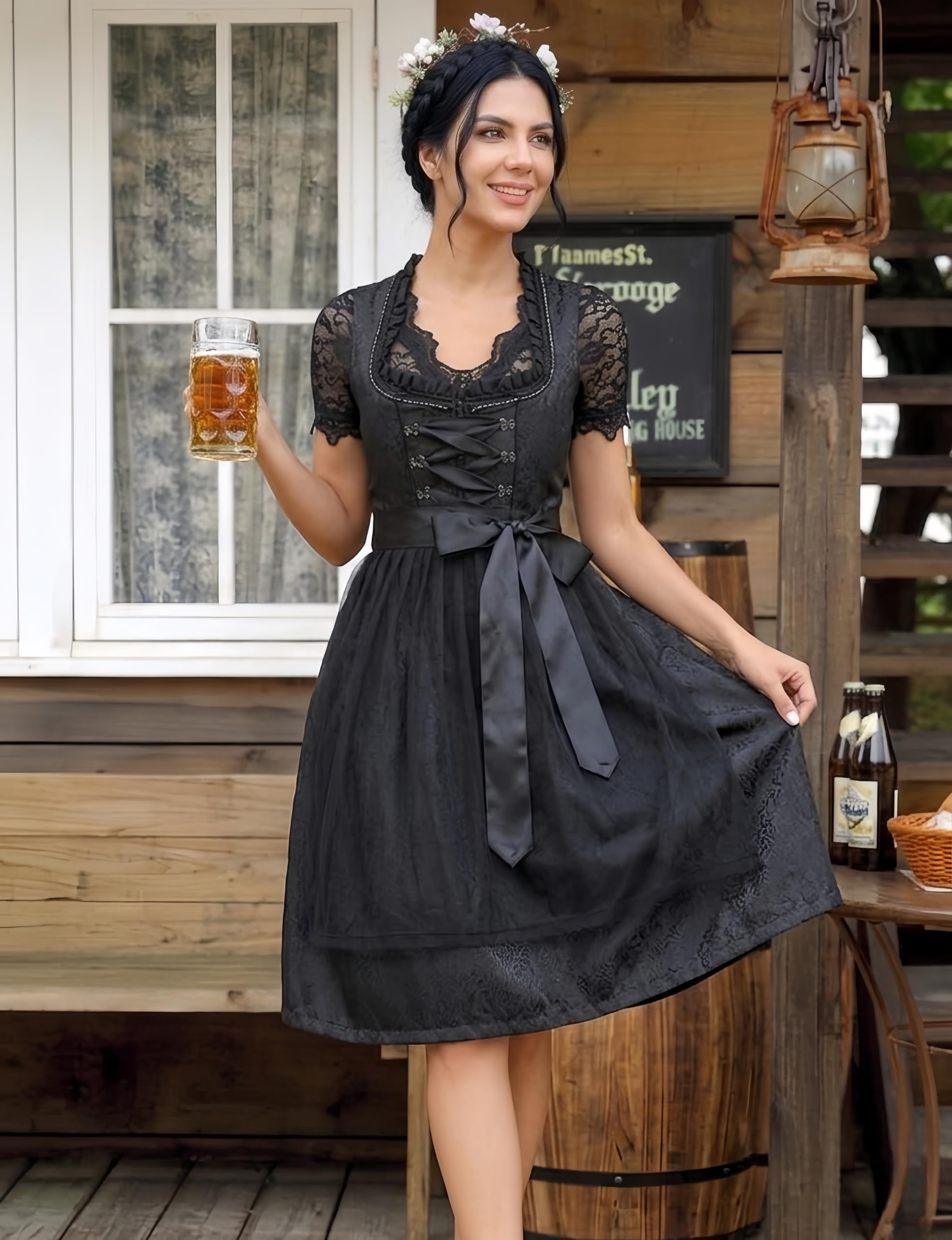 YesFashion Dirndl Damen 3 Teilig Midi Trachtenkleid mit Spitzenbluse & Schürze-Besticktes Outfit für Oktoberfest