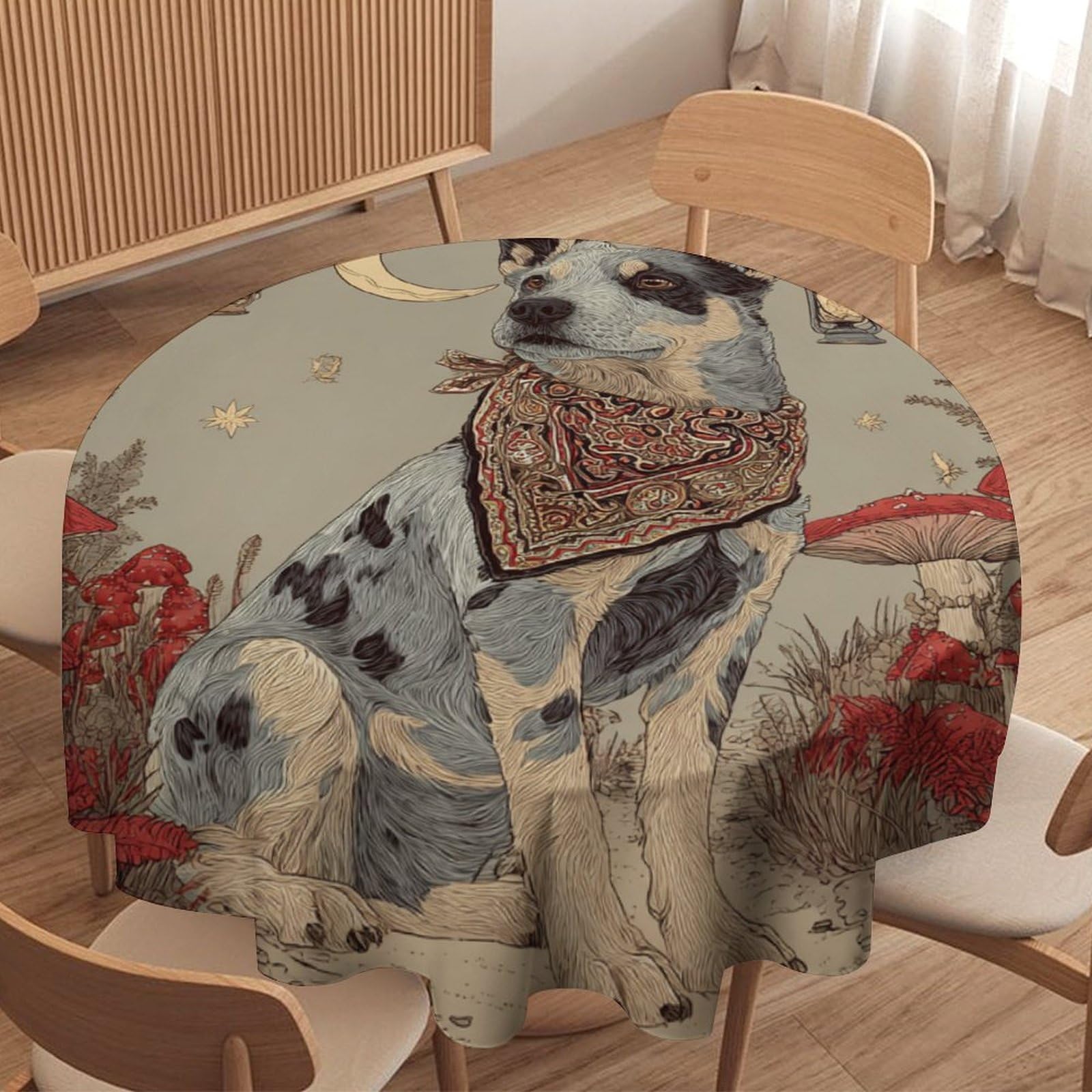 LUYYSKY Vintage Rustic Cute Dogs Round Tablecloth Beautiful Abstract Animals Puppies Plants Mushrooms Print Washable Decor for Table Cover for Kitchen-91.4" Wx91.4 L cm
