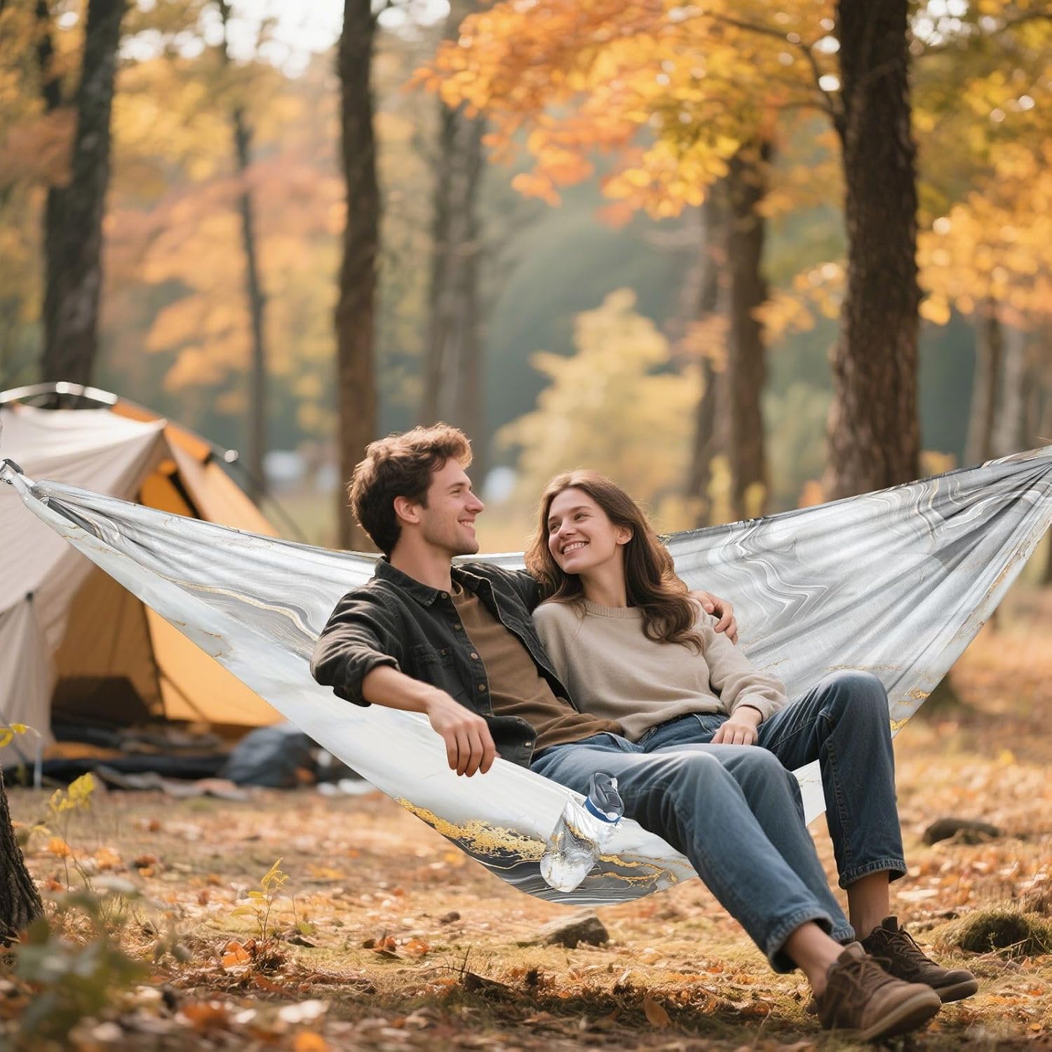 ALAZA White & Gold Marble Camping Hammocks Single or 2 Person 500 lbs Portable Parachute Travel Hammock w/Tree Straps for Hiking Backpacking Indoor Outdoor
