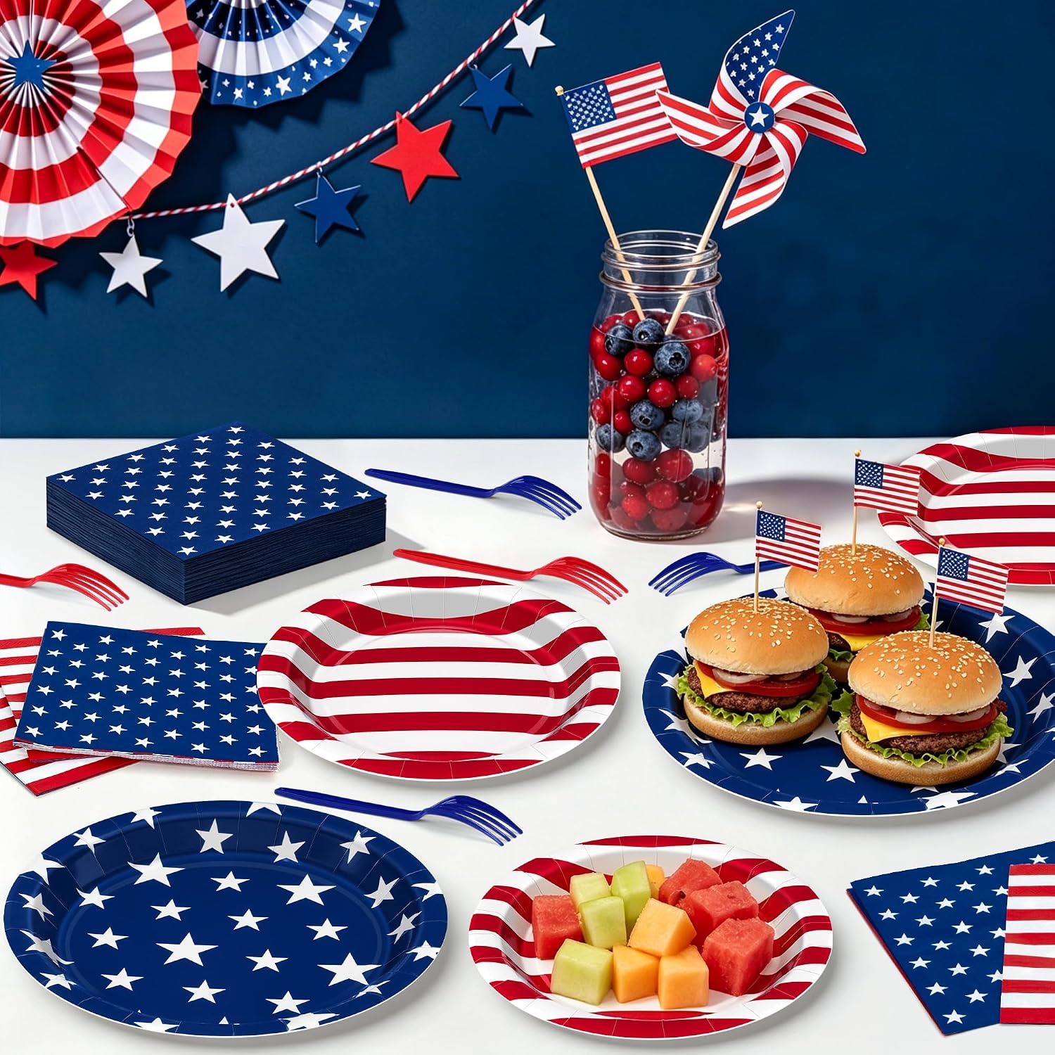 200 Pcs 4th of July Plates and Napkins Sets, Disposable American 250th Anniversary Dinnerware, Patriotic Flag Red White Blue Star and Striped Paper Products for Memorial Day Independence Day Decor