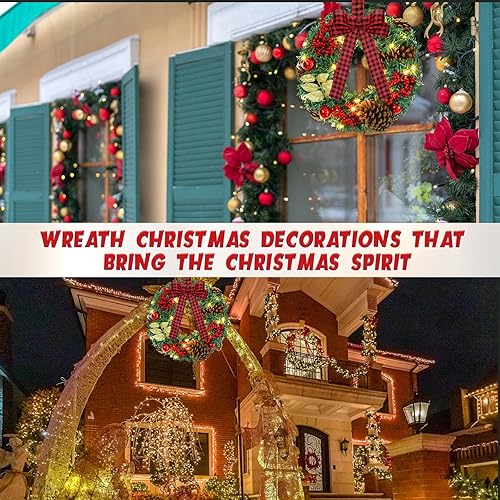 Miniatura 6 de Ceenna 6 coronas LED de Navidad para exteriores, de 15.7 pulgadas, con lazo rojo, coronas artificiales de Navidad con luces, conos de pino, bolas