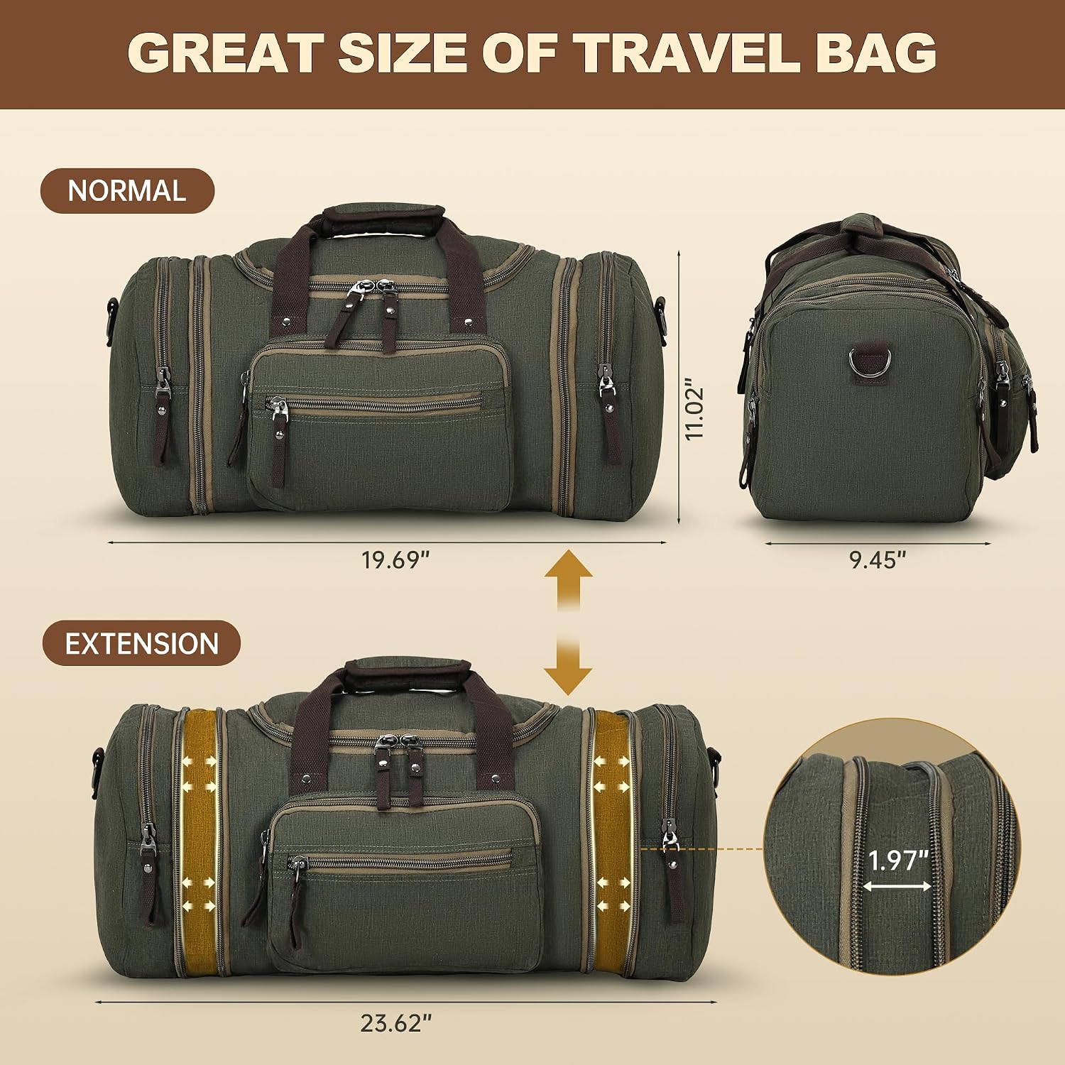 60L Duffle Bag for Men Expandable Mens Travel Bag, Weekend Bag Men & Women, Mens Carry on Bag for Traveling, Army Green