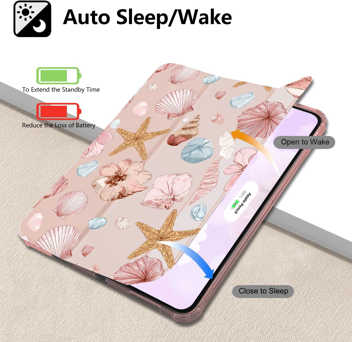 Cute Pink Ocean Starfish Case for Ipad Air5/Air4 10.9 Inch Summer Ocean Design Leather Cover Auto Sleep/Wake Soft TPU Back Shell for Ipad with Pencil Holder (Girls Women Kid) image 2