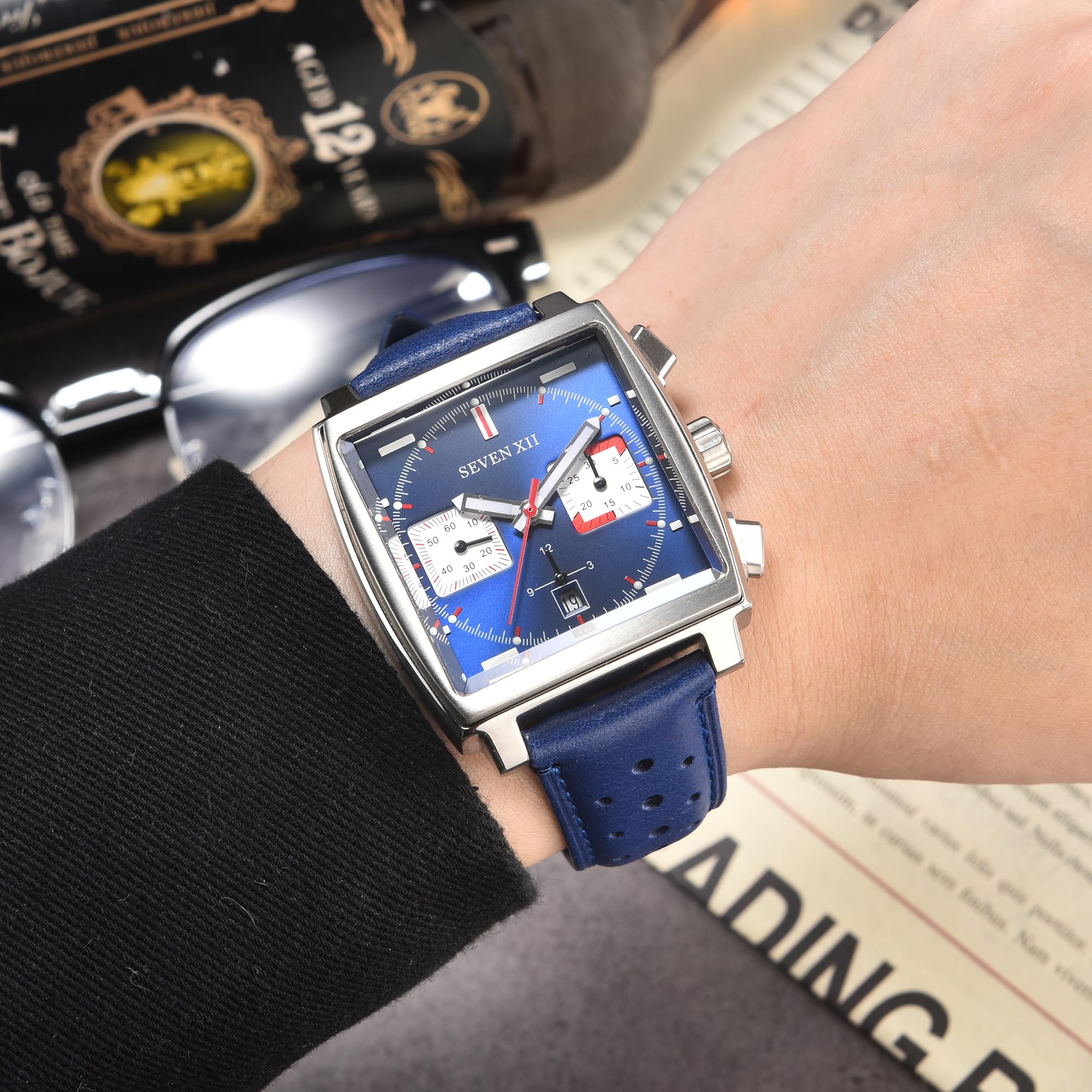 Quadratische Automatik-Chronograph-Uhr für Herren, selbstaufziehend, Saphirglas, Business, klassisch, leuchtend, Sport-Armbanduhr mit Lederband, S003