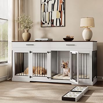 Rophefx 72" Double Dog Crate Furniture with Drawers and Divider, White