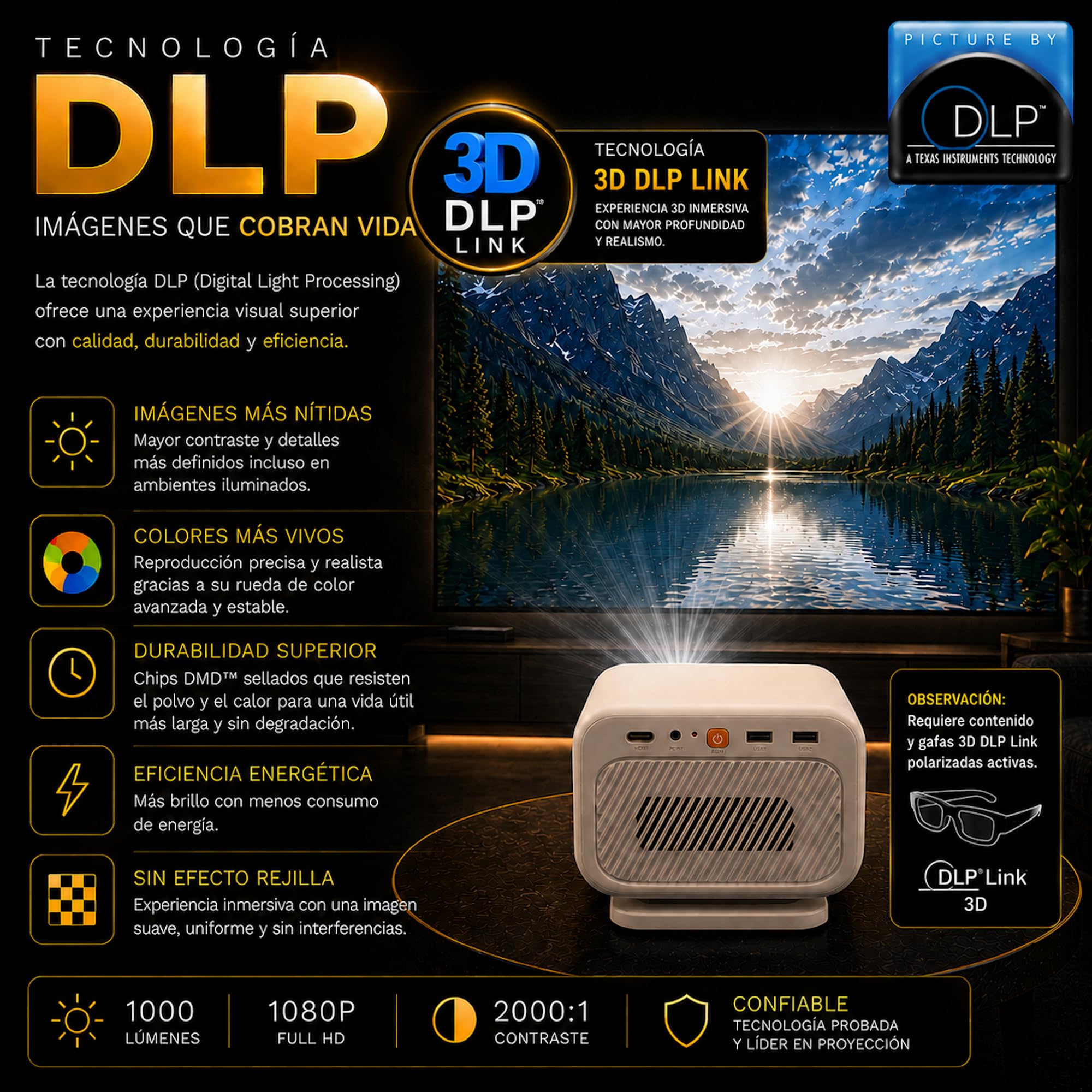 Proiettore DLP Google TV certificato | 1000 ANSI Lumen | Full HD 1080P nativo | Compatibile 4K con Scale XPR | Auto Focus e Auto Keystone 6D | WiFi 6 | 3D DLP Link | Batteria 20800 mAh | Altoparlanti