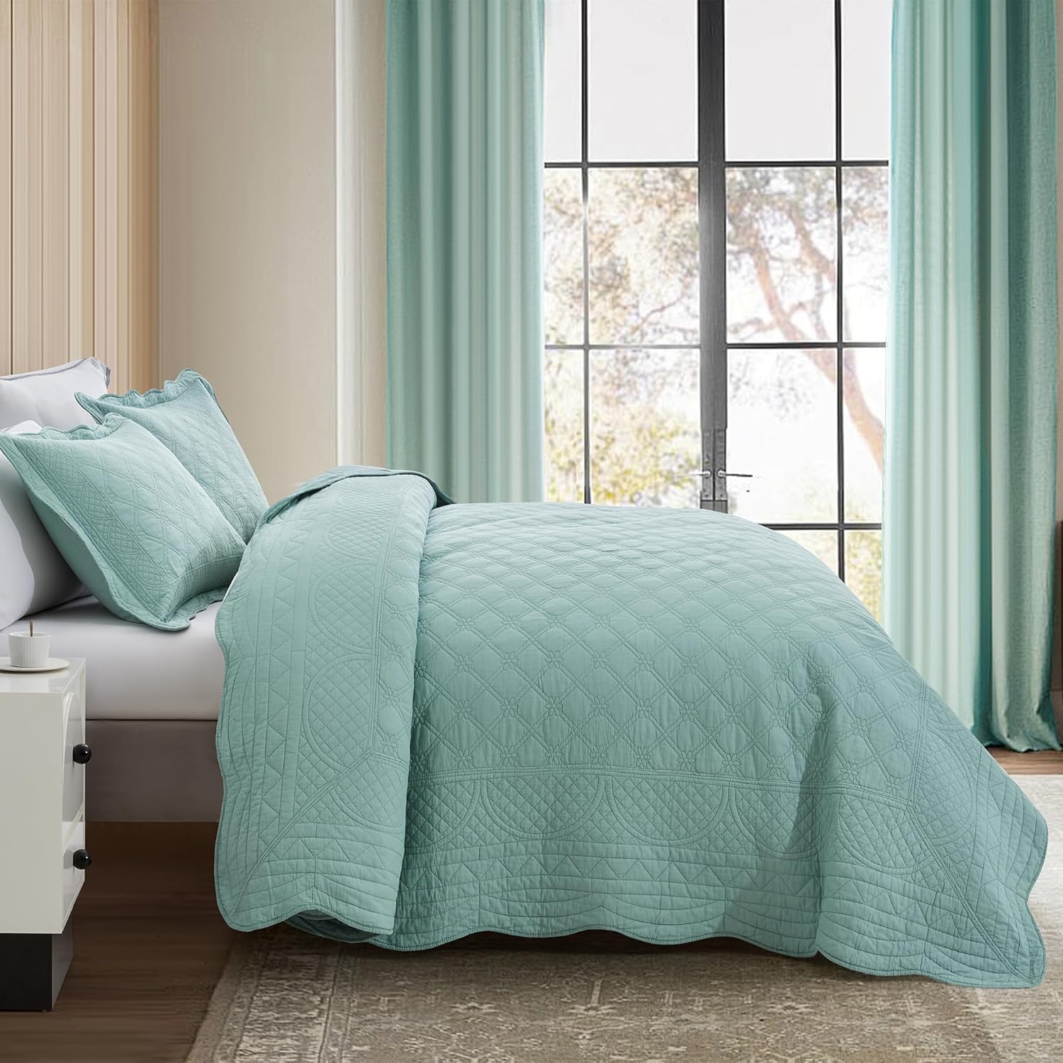 CHIXIN Oversized Cotton Bedspread King Size - Real Stitching - Luxury Quilted Bedding Cover for All Season, Reversible, Ultra Soft, Lightweight, 3 Piece, Seaglass - Image 3