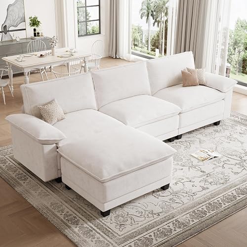 Modern L Shaped Sofa Couches for Living Room, Modular Sectional Cloud Couch with Movable Ottoman, Comfy Chenille Sofa for Apartment and Small Space, Beige