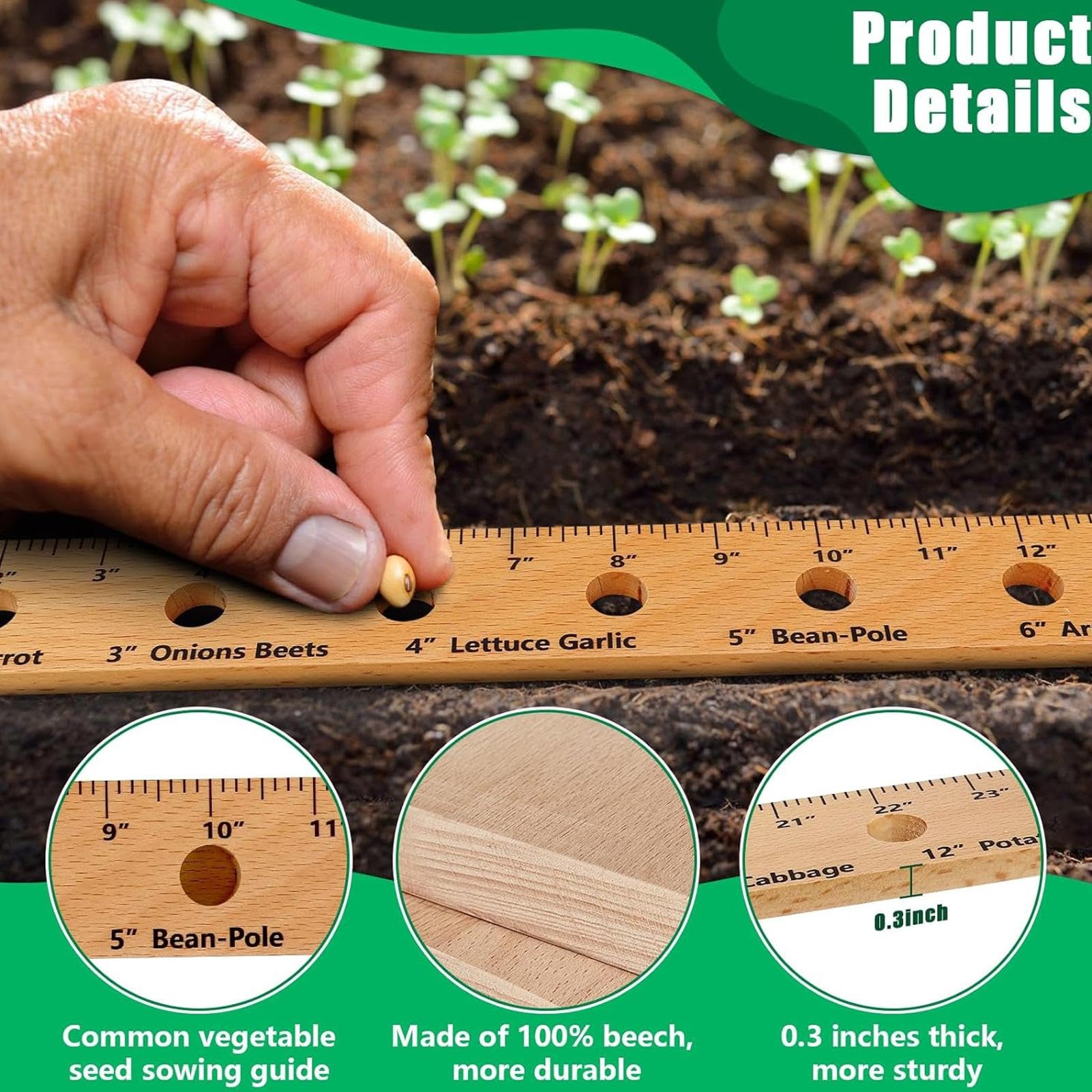 Garten Abstandslineal Aus Holz 33 Cm - Mit Pflanzmesser Für Perfekte Saatgut-Abstände