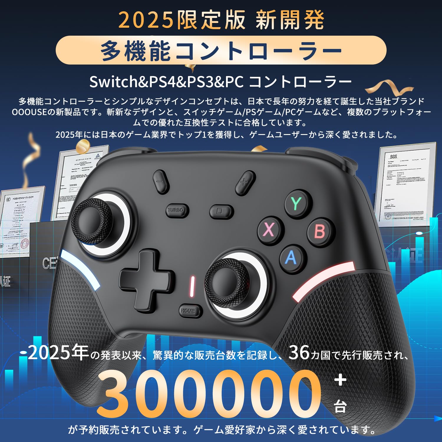 Newluck Switch2 コントローラー 【2025年限定 NEWモデル】 Newluck PS4コントローラー Switch1/2代用スイッチ ハンドル 背面ボタン付き 高耐久ボタン マクロ機能 LED RGBライト 重力感応 TURBO連射機能 トライモード接続 800mAh大容量 長時間プレイ対応 ピンホールリセット機能 4階段HD振動 Steam/Android/PC対応 日本語取扱説明書 ブラック in use