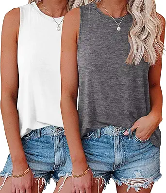 KKJ 2 Pack Womens Tank Tops Workout Tees Summer Clothes Fashion Outfits Crew Neck Sleeveless Loose Fit Fall Casual Shirts