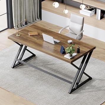 LVB Industrial Home Office Desk, Wood Computer Executive Desk for Student, Modern Writing Study Table for Living Room Bedroom, Rustic Metal Computer Gaming Work Table with Storage, 55 Inch, Rustic Oak