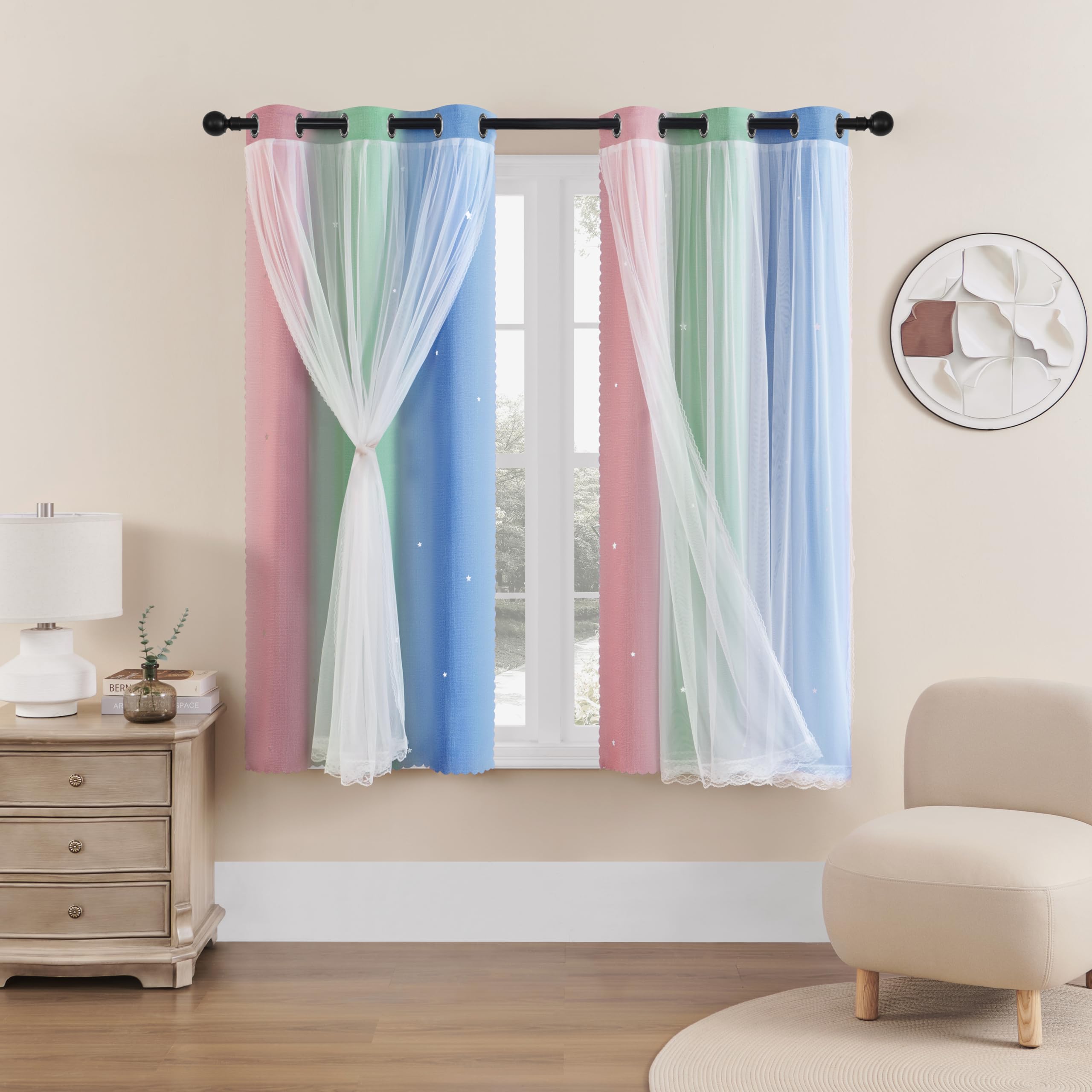 XiDi Curtains for Bedroom Decor, Rainbow Pink GreenBlue34/54/1