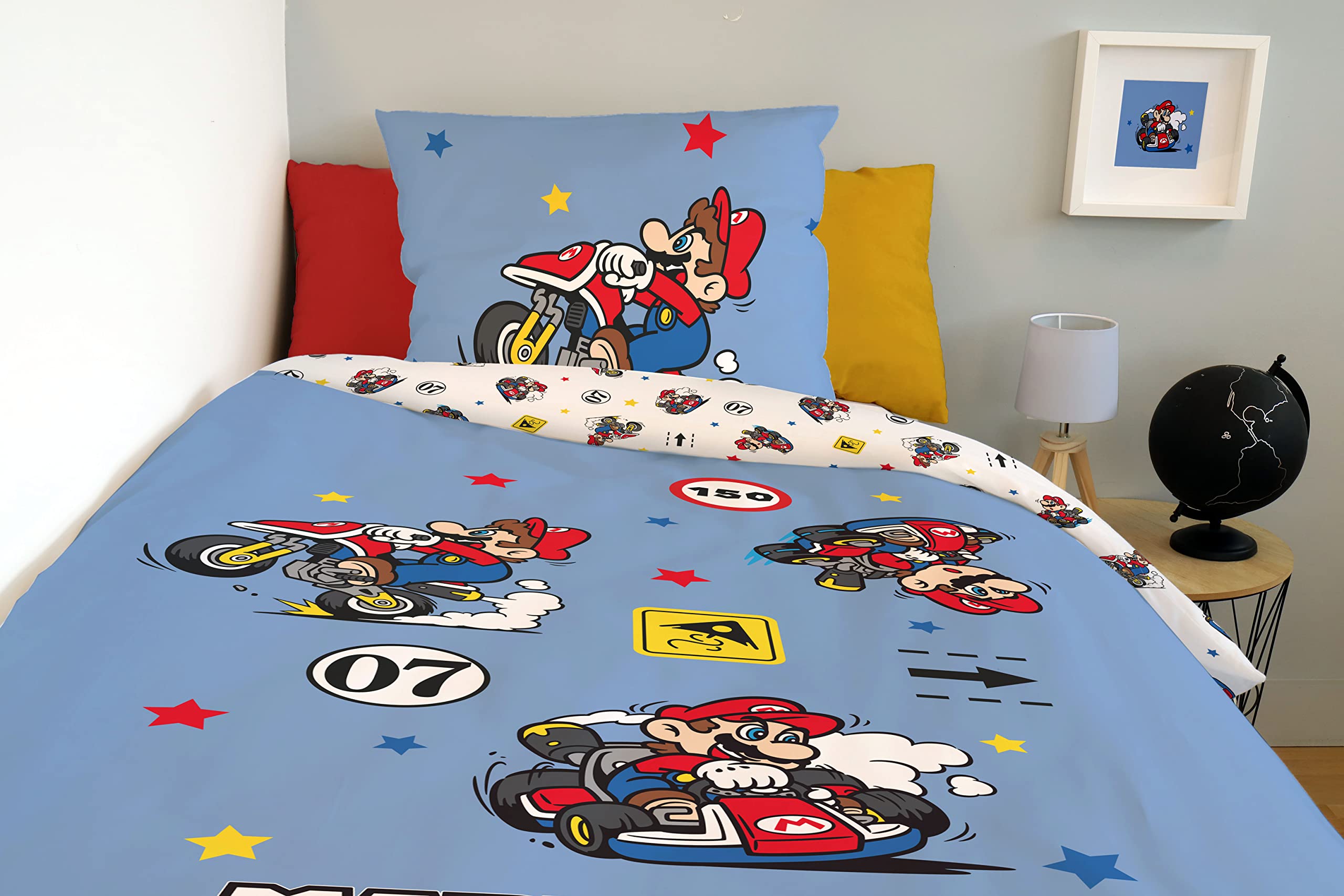 SAHINLER créateur d'univers Mario - Housse de Couette Mario Kart 140x200 cm + 1 Taie d'oreiller 63x63 cm - 100% Coton - Bleu