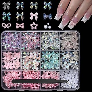 Bow Nail Charms 3D Resin Pink Pearl Circle Na...