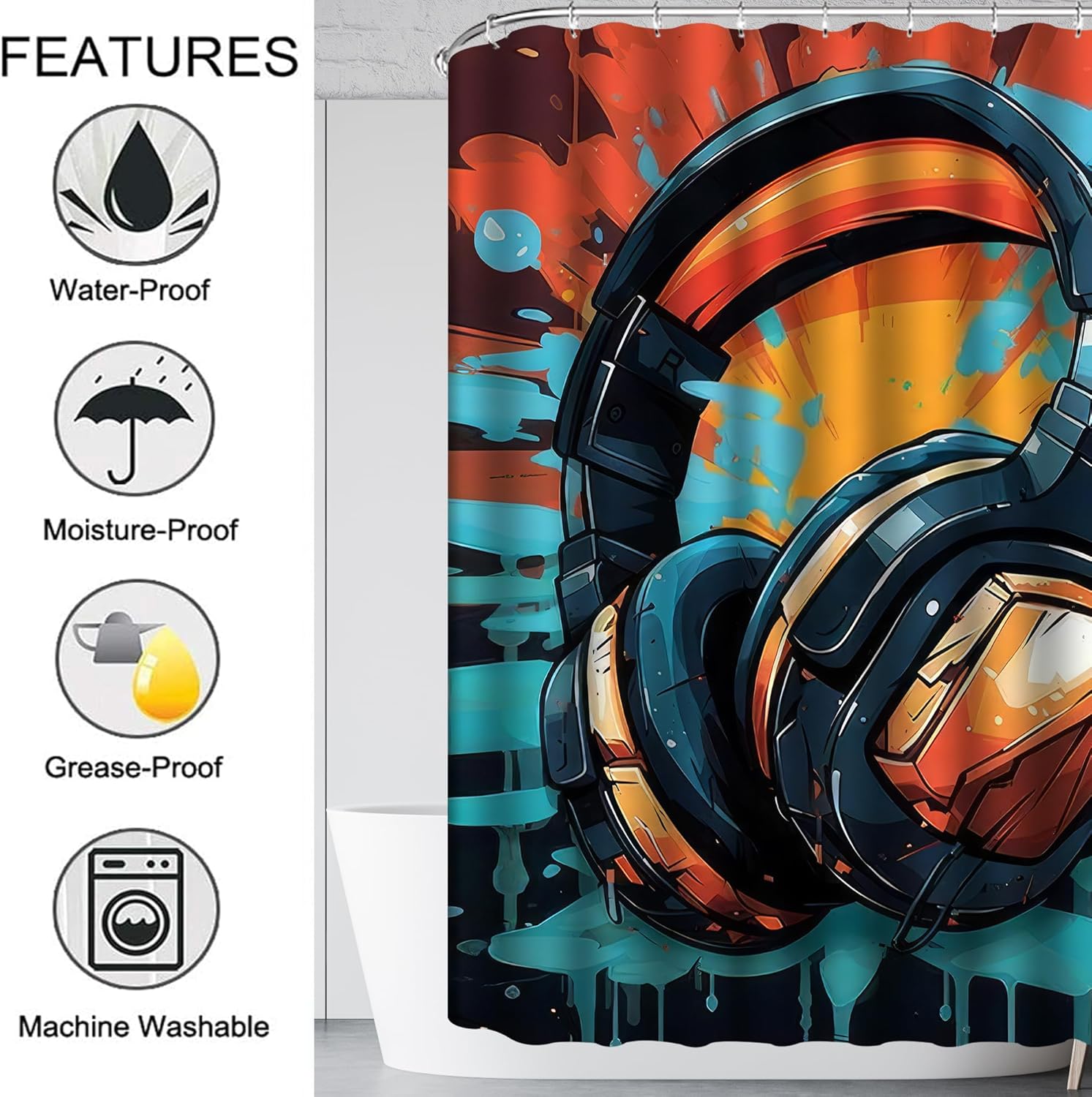 4 Pcs Graffiti DJ Music Headphone Shower Curtain Set, Watercolor Headphone Bath Curtain with Anti-Slip Mat Toilet Cover Carpet Set and 12 Hooks, Black Splash Ink Colorful Teen Boy Bathroom Decor Sets