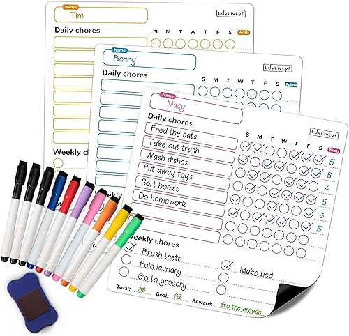 Luvlivlyf Tabla de tareas de 3 piezas  Tabla de tareas de borrado en seco para niños con 10 marcadores de tapa de borrador y 1 plumero  Tabla de