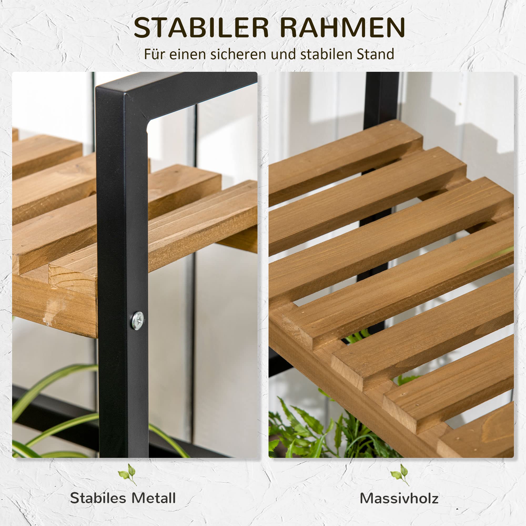 Outsunny 3-Etagen Pflanzenregal aus Metall und Massivholz Schwarz+Natur | Blumentreppe, Pflanzenständer, mit Befestigungshaken, für den Garten