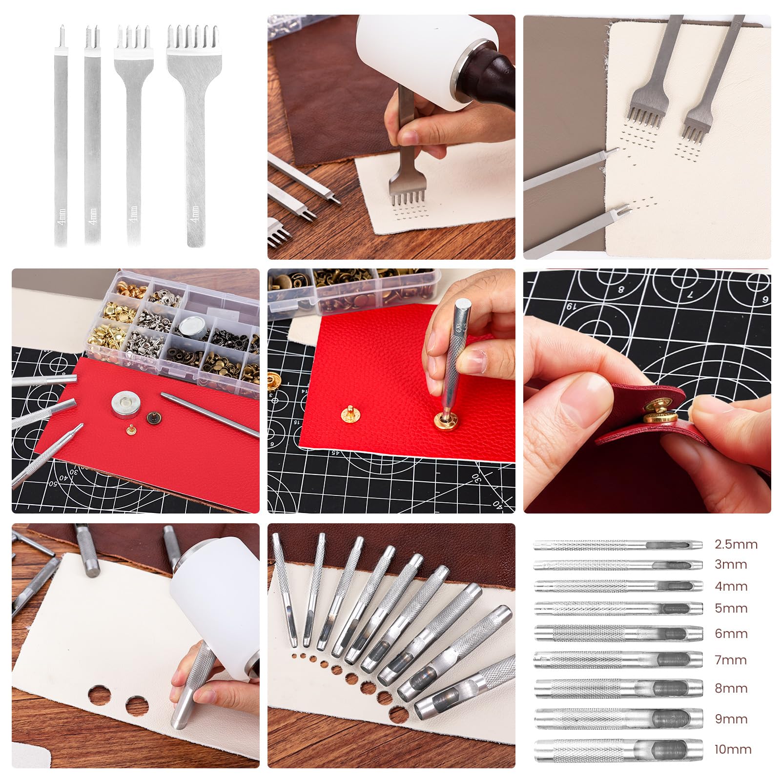 ZAMQIU Lederarbeitsset, 155-teiliges Leder-Werkzeugset mit Schnitzen, Stempeln, Nähen, Stanzen, Schneiden, Lederbearbeitungswerkzeug-Set für Anfänger, DIY Handwerk Starterset für Brieftasche, Gürtel