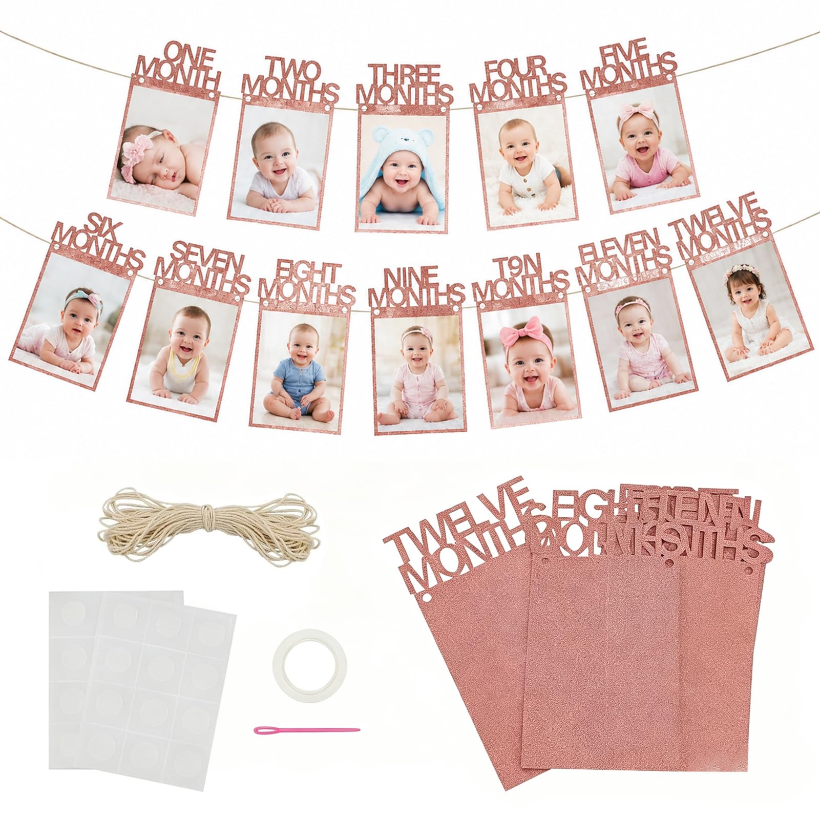 1st Birthday Photo Banner for Baby Girls, Pink, 17.5x13.5cm, Rectangular, Indoor, Birthday, Commemorate Baby's Growth