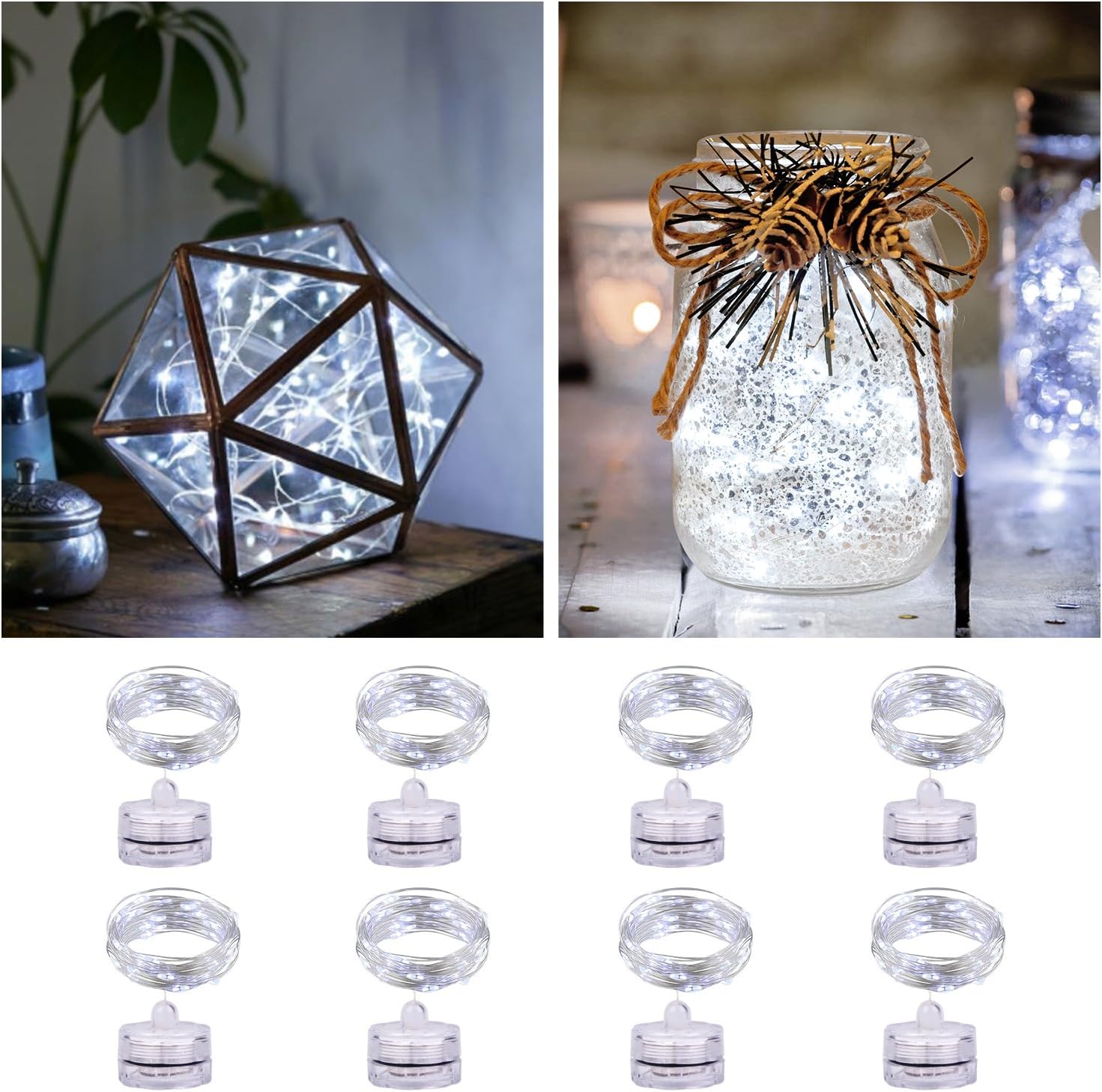 Relohas String Fairy Lights, 2m 20 LEDs Waterproof Micro Starry Light with Battery Operated, Moon Light for Bedroom Indoor Wedding Party Festival, Christmas DIY Decoration, Cool White, 8 Pack