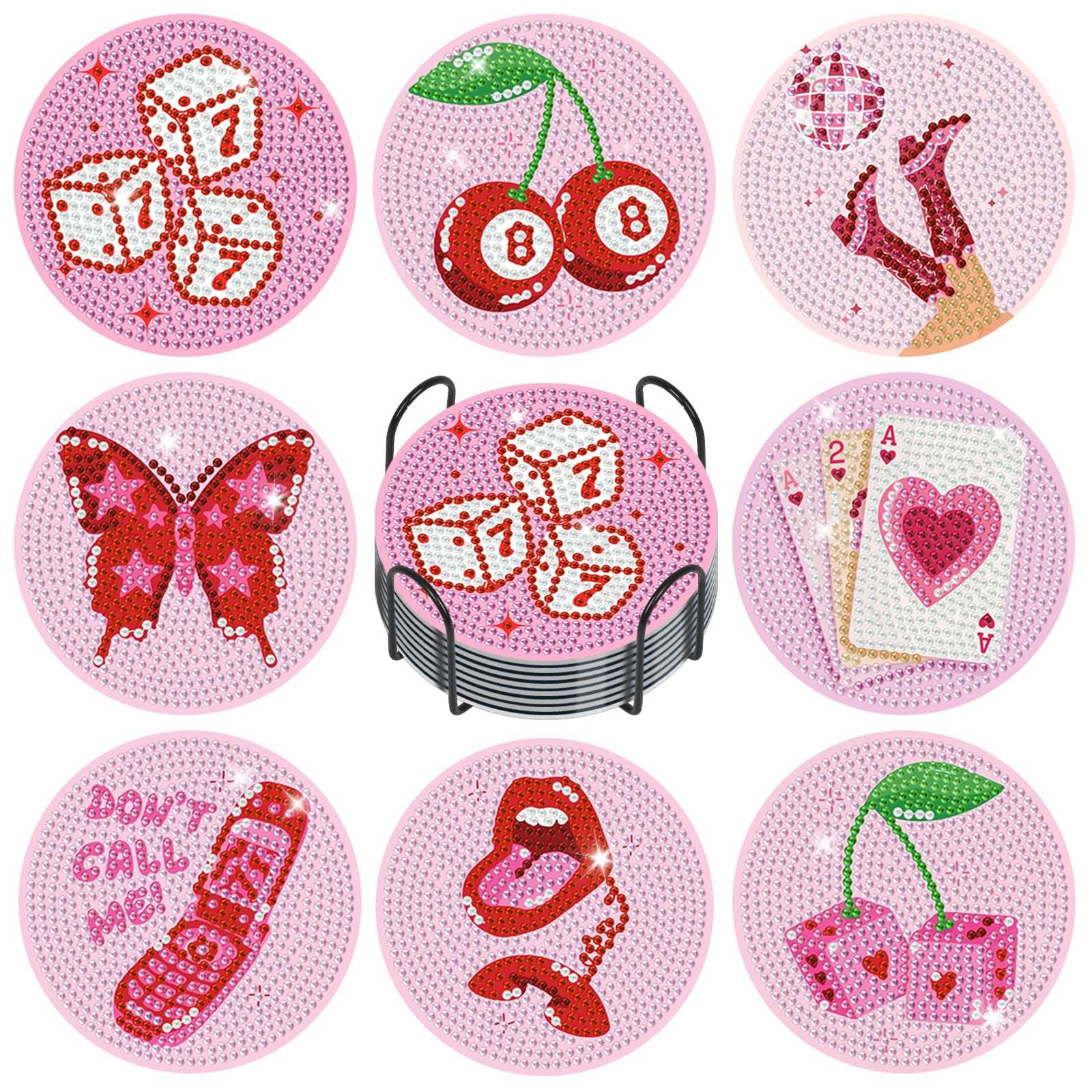 GEEHEIY 8 Pcs Pink Disco Diamond Art Coasters Kit for Adults, 5D DIY Diamond Painting Coasters with Holder & Cork Backing, Cute Retro Gem Art Craft Kit for Pink Room Decor, Girls Gifts & Housewarming