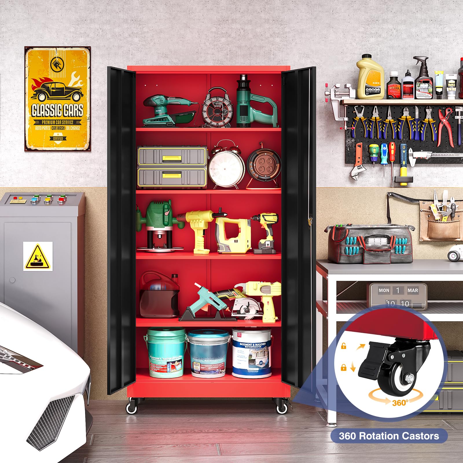 LISSIMO Metal Storage Cabinet with Wheels, Tall Garage Storage Cabinet with 4 Adjustable Shelves and 2 Doors, Lockable Tool Cabinet for Garage Home Office,Gym,School(Black-Red)