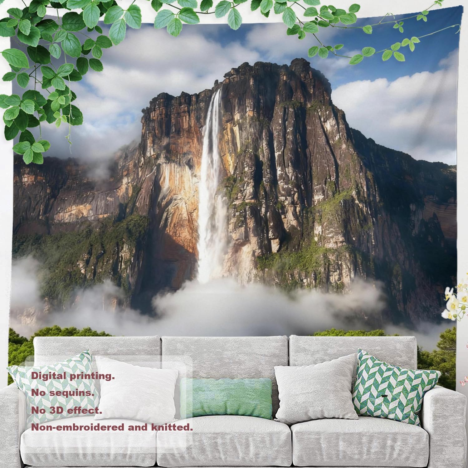 Shrahala Blue Nature Waterfall Wall Tapestry, Green Beautiful Wall Hanging Large Tapestry Decoration Polyester White Hem Around For Dorm Room Bedroom 90.6 X 78.7 In