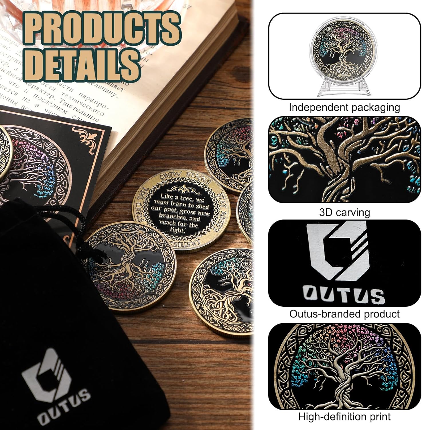 Outus 12 Set Affirmation Sobriety Coin Gift Tree Chip Medallion with Coin Case, Display Stand and Card Anonymous Medallion Sobriety Gifts for Anniversary Men and Women in Recovery (Classic Style)