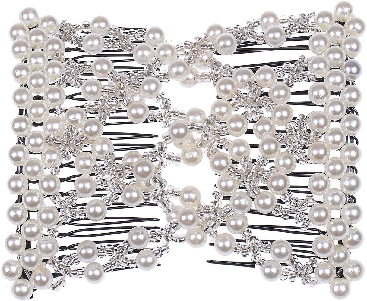 Ruihfas Delicate Women Girls Easy Stretch Pearls Combs Beaded Hair Comb Jewelry Double Clips (White)