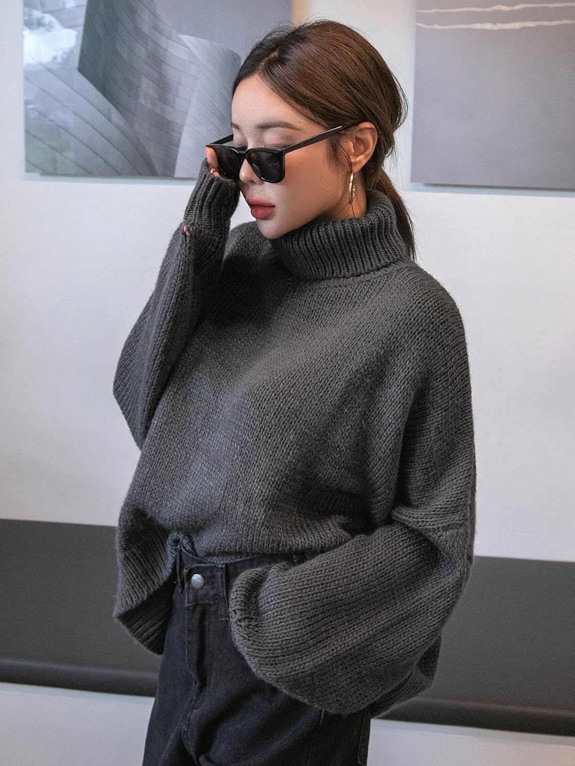 Women's Sweater Turtleneck Drop Shoulder Oversized Sweater Sweater for Women (Color : Dark Grey, Size : Medium)