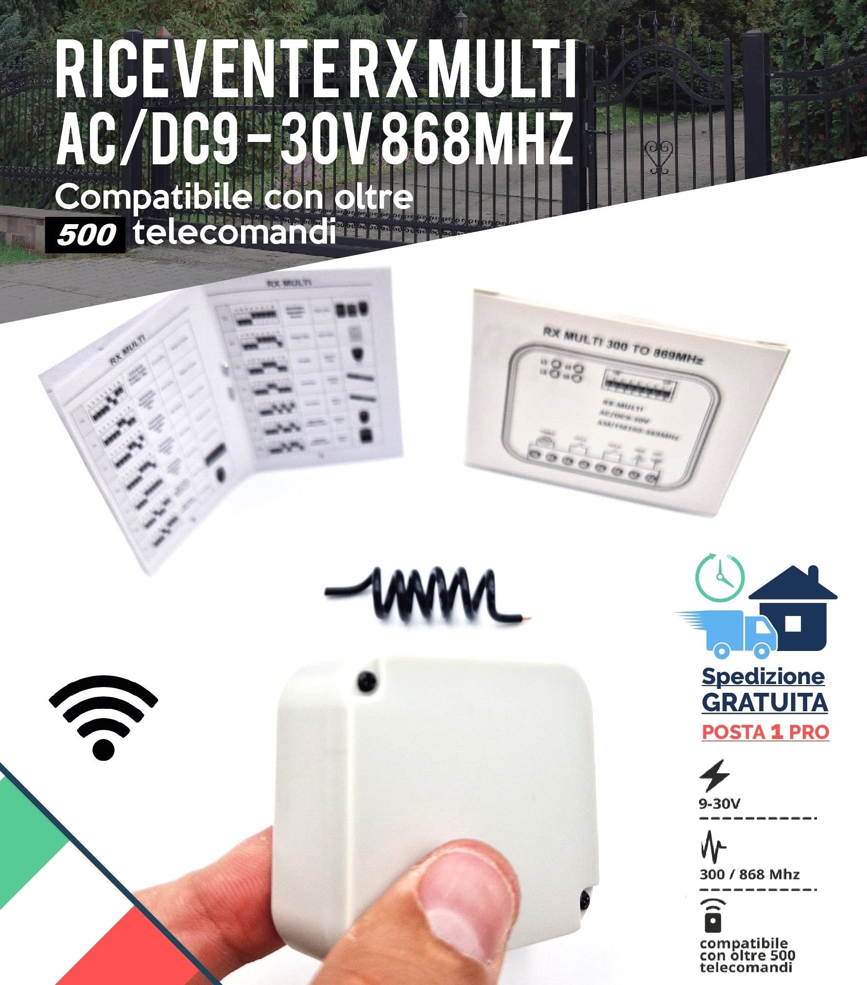 RICEVENTE CENTRALINA RADIO UNIVERSALE CON TELECOMANDO MULTI MARCA CANCELLO GARAGE PORTONE AUTOMATICO 2 CH FISSO E ROLLING CODE 9/30V 433 868 MHZ AC/DC