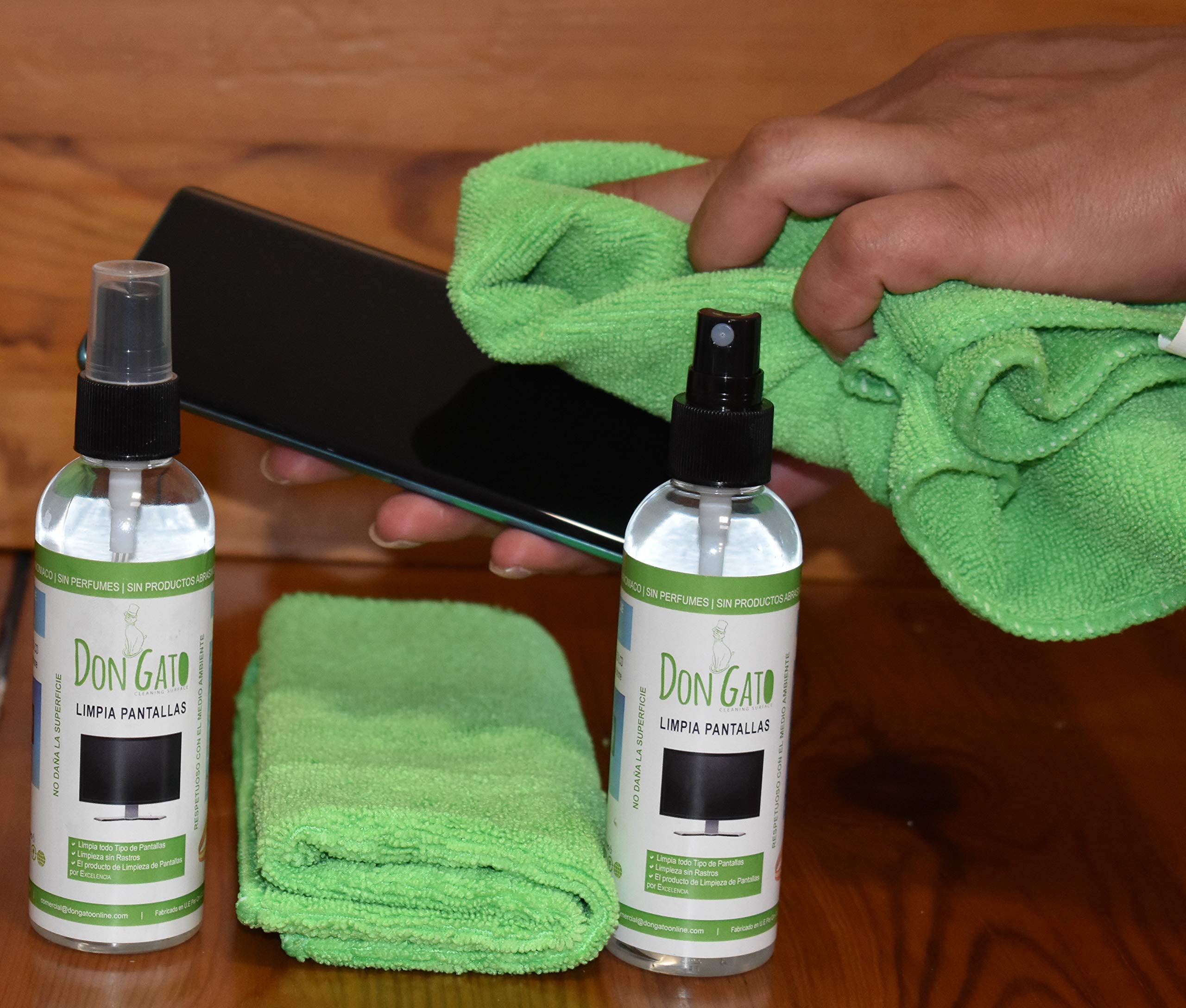 Don Gato – pulizia dello schermo (100ml x 2) + 2 panno in microfibra per TV, Tablet, Computer portatile, LCD, LED, telefono cellulare. Prodotti naturali e rispettoso dell'ambiente.