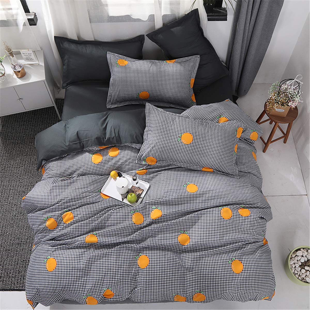 USTIDE Durable Microfiber Duvet Cover Teenagers Duvet Cover Reversible Orange Grid Print Duvet Cover Soft Skin-friendly Quilt Cover for Boys Girls with Pillowcase King Size