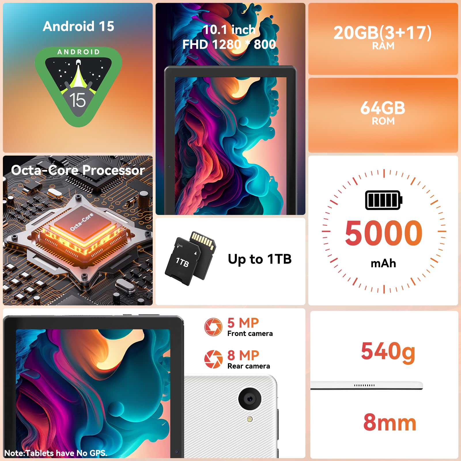 Tablet,10.1" Android Tablet with Octa-core Processor 20GB RAM 64GB ROM HD IPS Touchscreen 8H Battery, Wi-Fi 6, BT 5.0, Dual Camera, Android 15 Tablets 2025