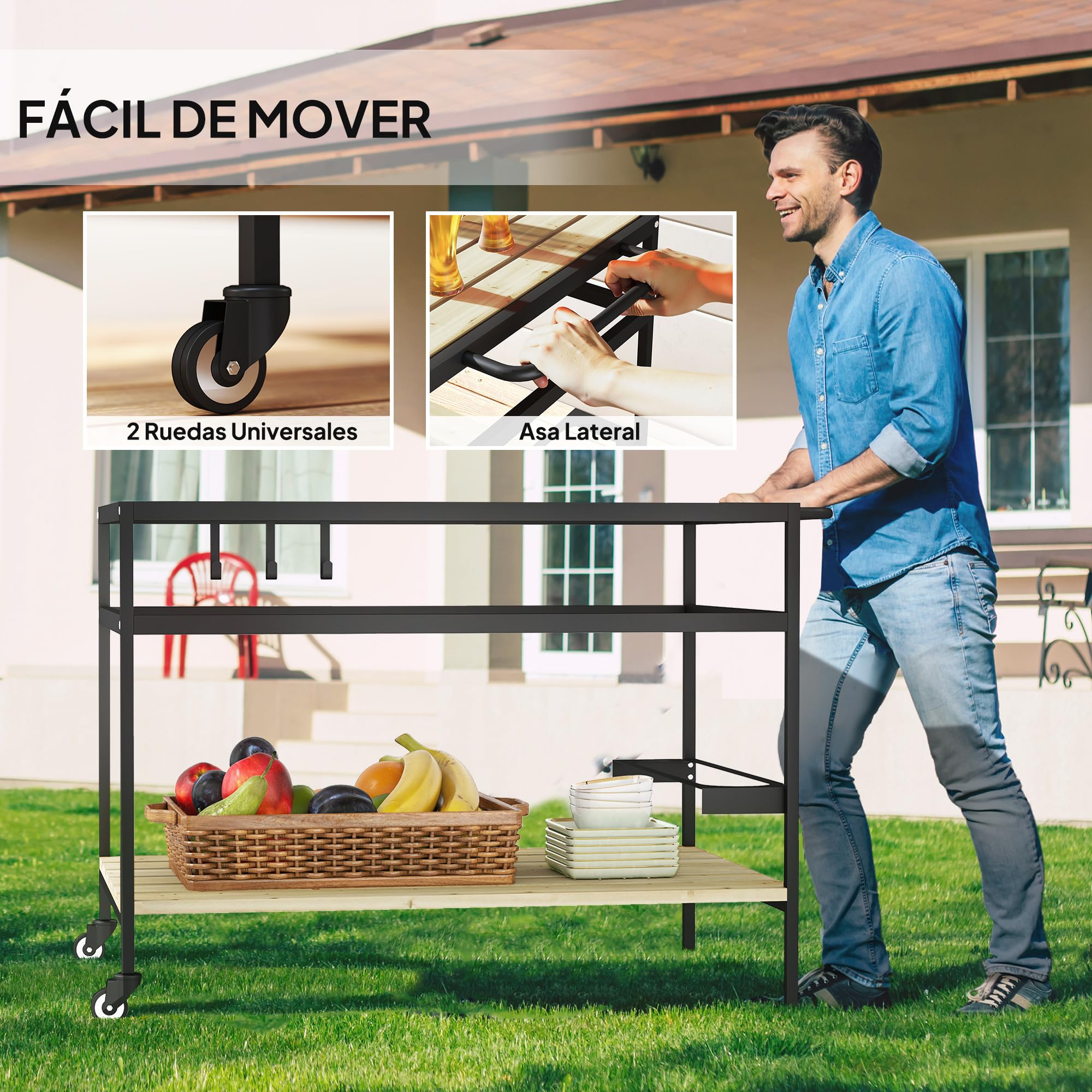Outsunny Camarera con Ruedas de Madera Carro de Servicio con Encimera de Listones 2 Estantes 3 Ganchos y Asa para Jardín Terraza Patio 107x65x80 cm Natural