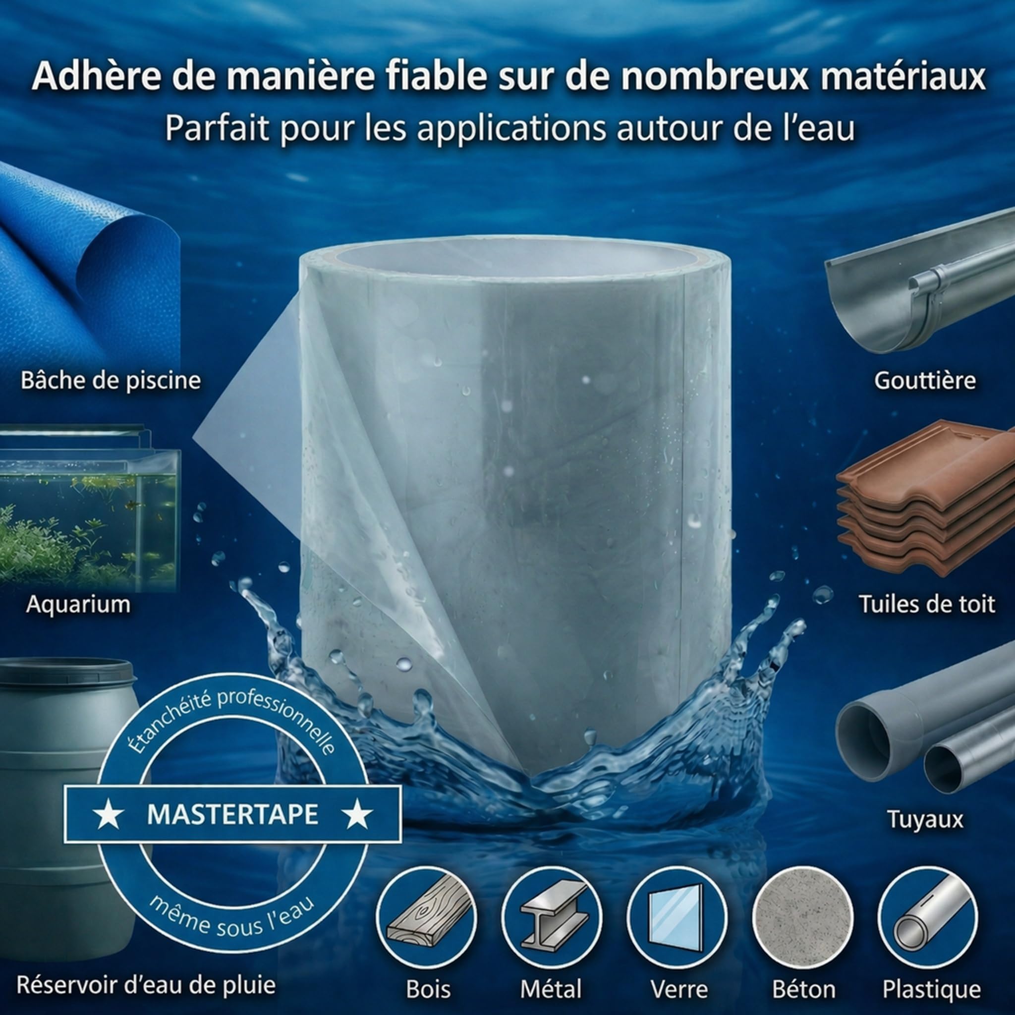 Ruban adhésif sous-marin étanche réparation piscine 10 cm x 150 cm transparent