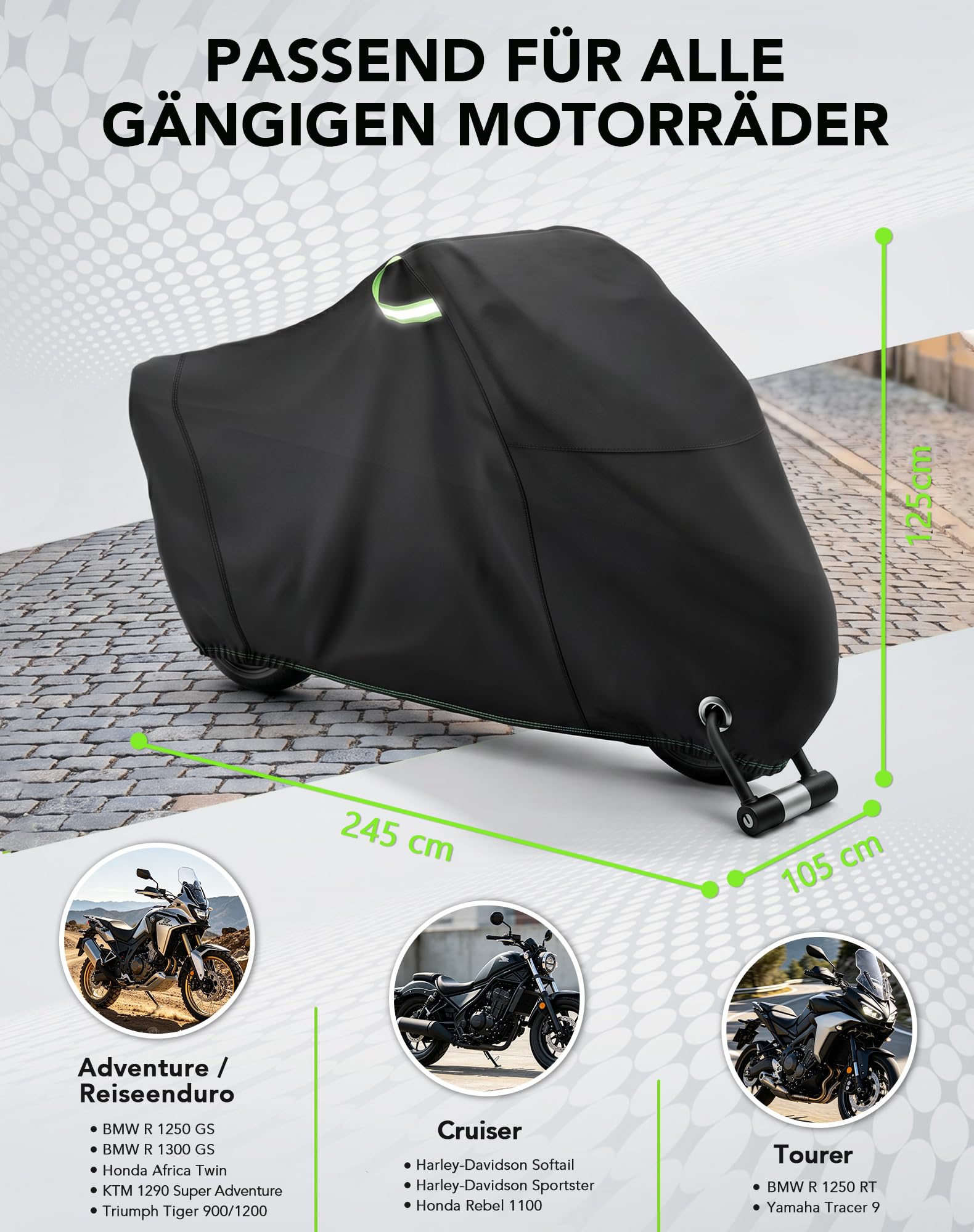 Homoto Premium Motorrad Abdeckplane 420D Oxford - Wasserdicht, Extrem Reißfest & UV-Beständig, Outdoor & Indoor Allwetterschutz für Alle Gängigen Motorräder (245)